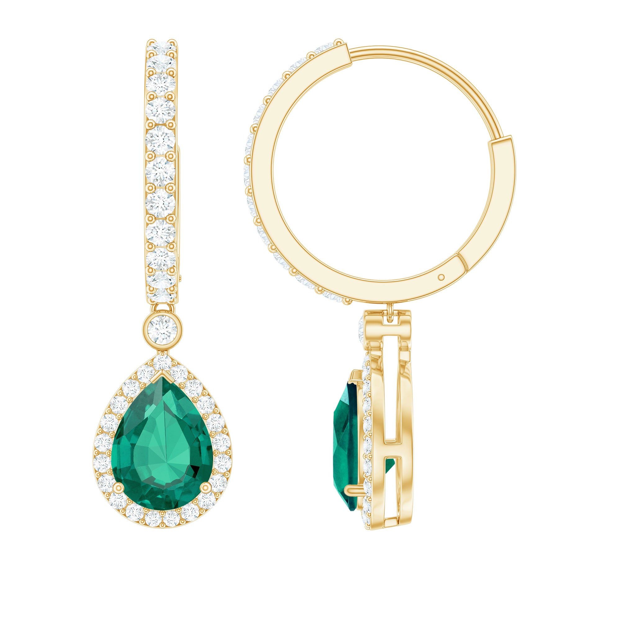 2 Carat Lab Created Emerald Teardrop Hoop Earrings with Moissanite AAAA - Rosec Jewels