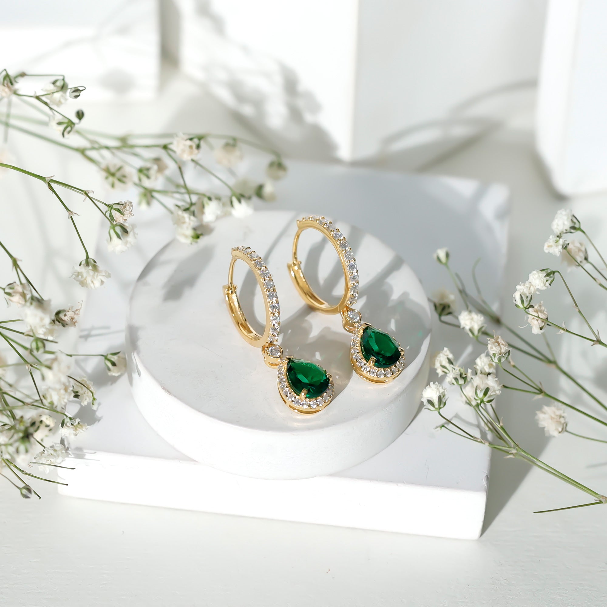 2 Carat Lab Created Emerald Teardrop Hoop Earrings with Moissanite AAAA - Rosec Jewels