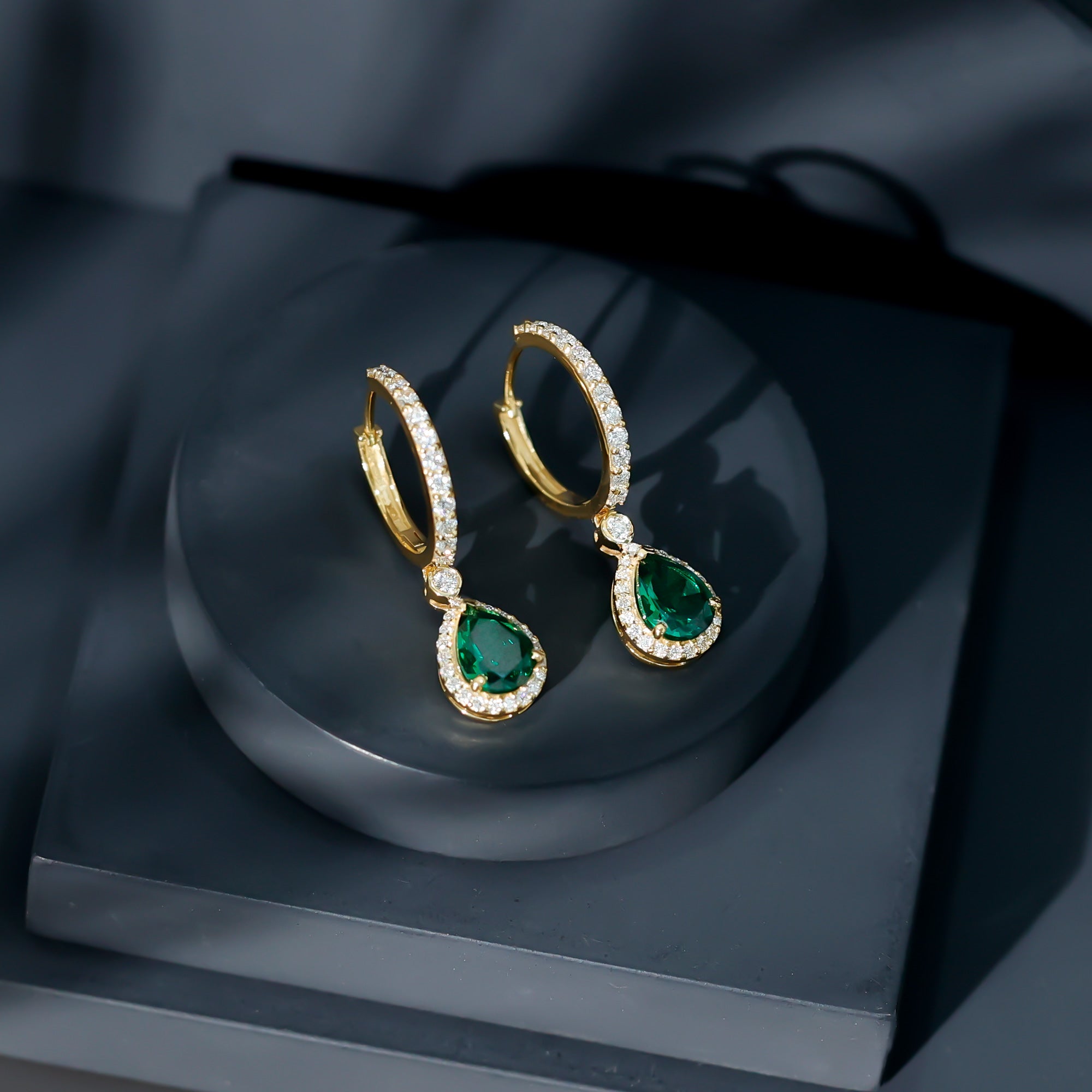 2 Carat Lab Created Emerald Teardrop Hoop Earrings with Moissanite AAAA - Rosec Jewels