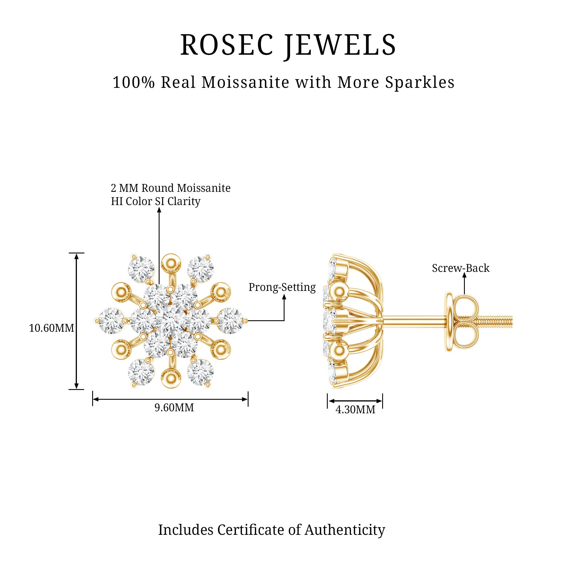 Moissanite Floral Cluster Stud Earrings D-VS1 - Rosec Jewels