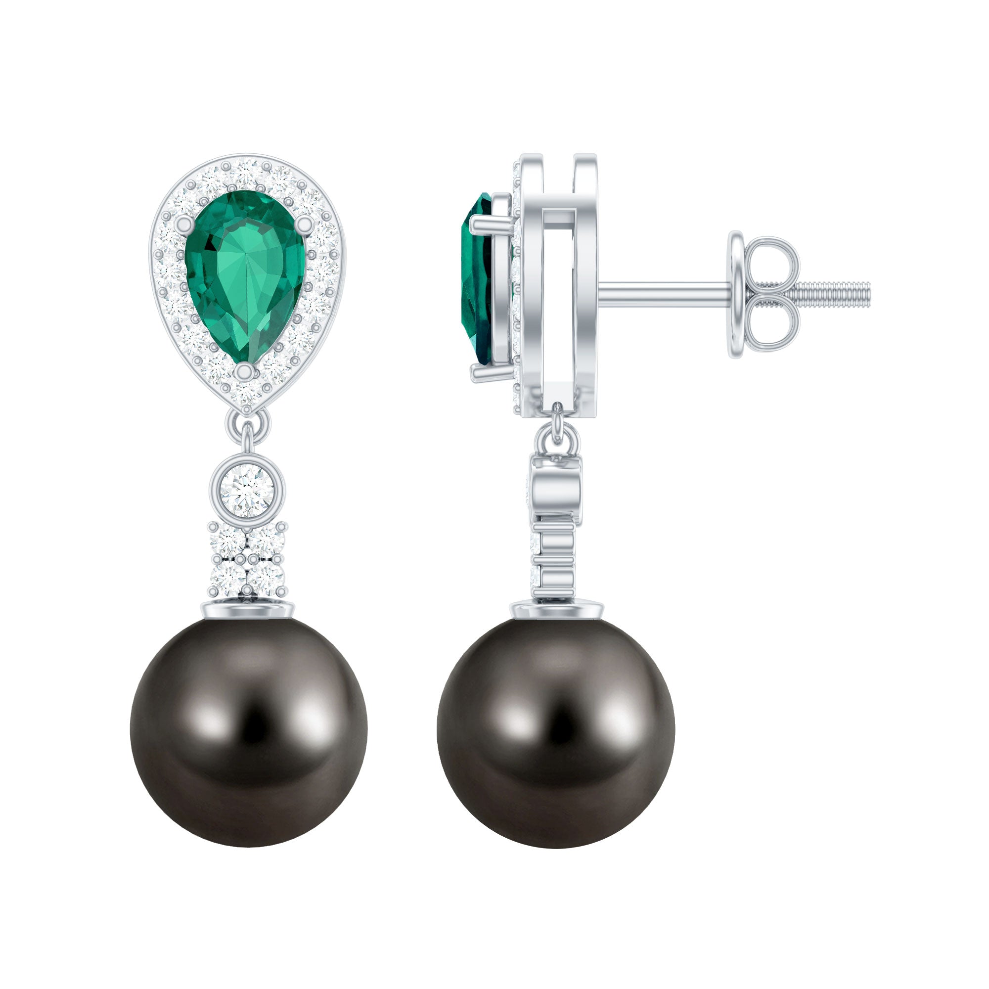 Genuine Black Pearl and Emerald Vintage Drop Earrings