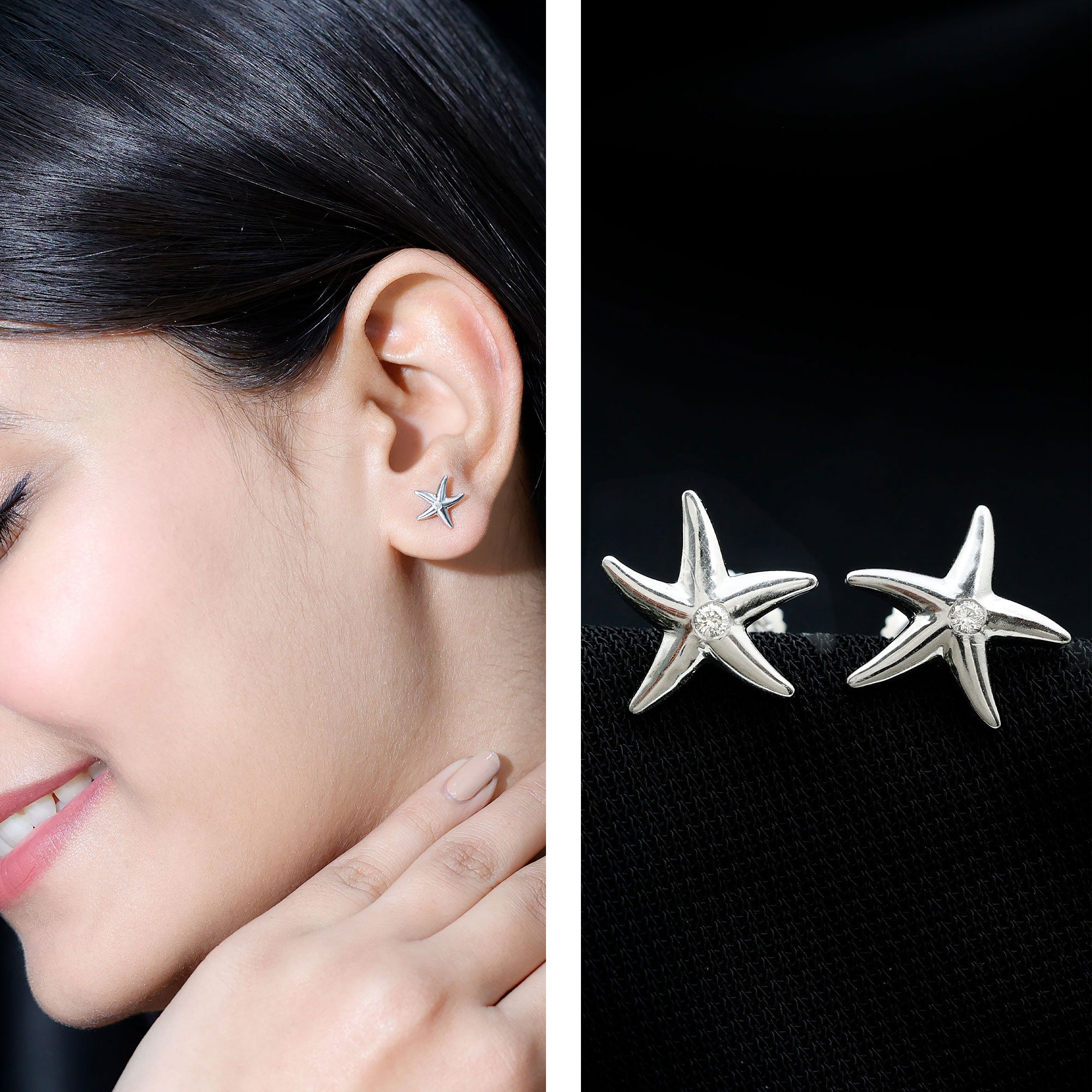 Bezel Set Round Moissanite Starfish Stud Earrings D-VS1 - Rosec Jewels