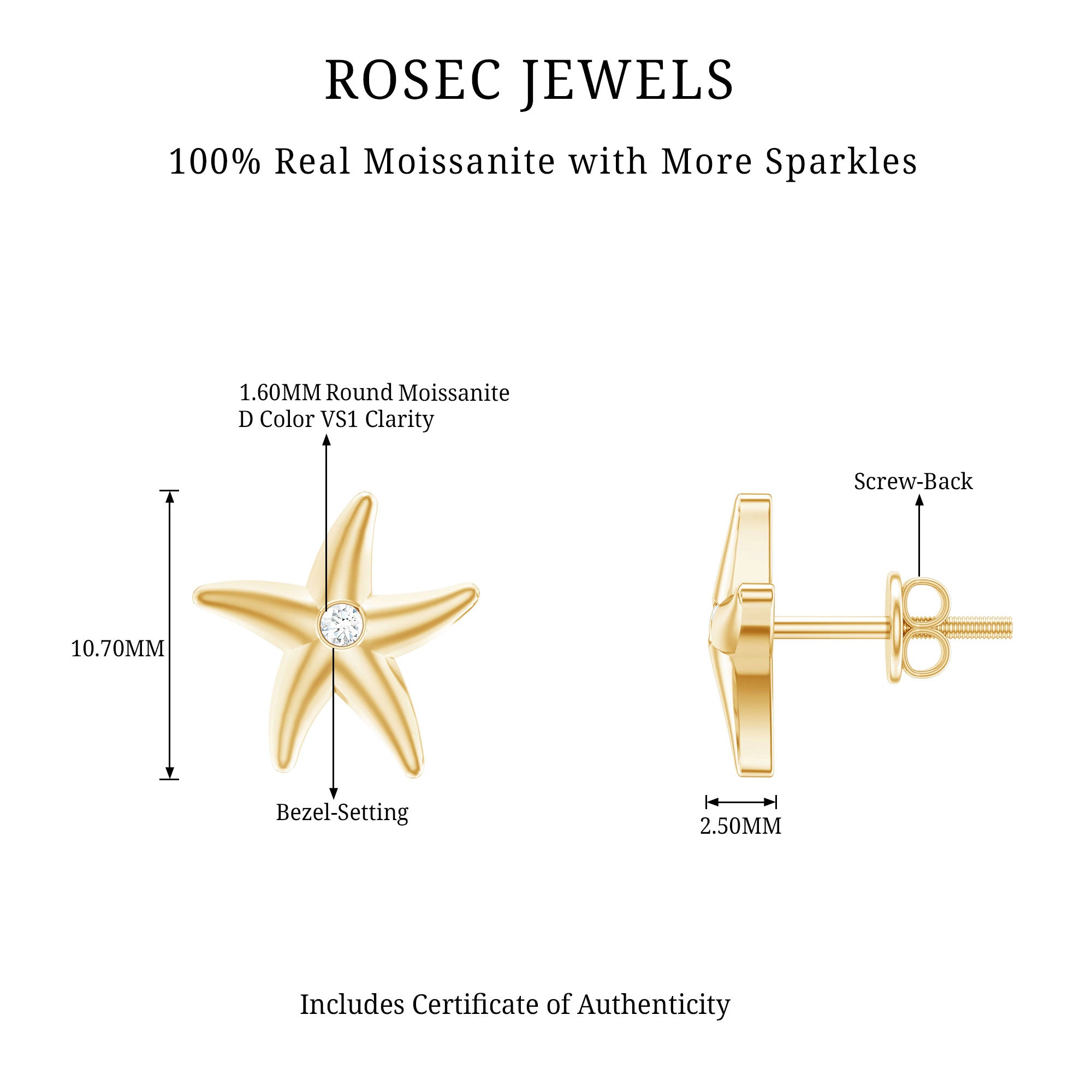 Bezel Set Round Moissanite Starfish Stud Earrings D-VS1 - Rosec Jewels