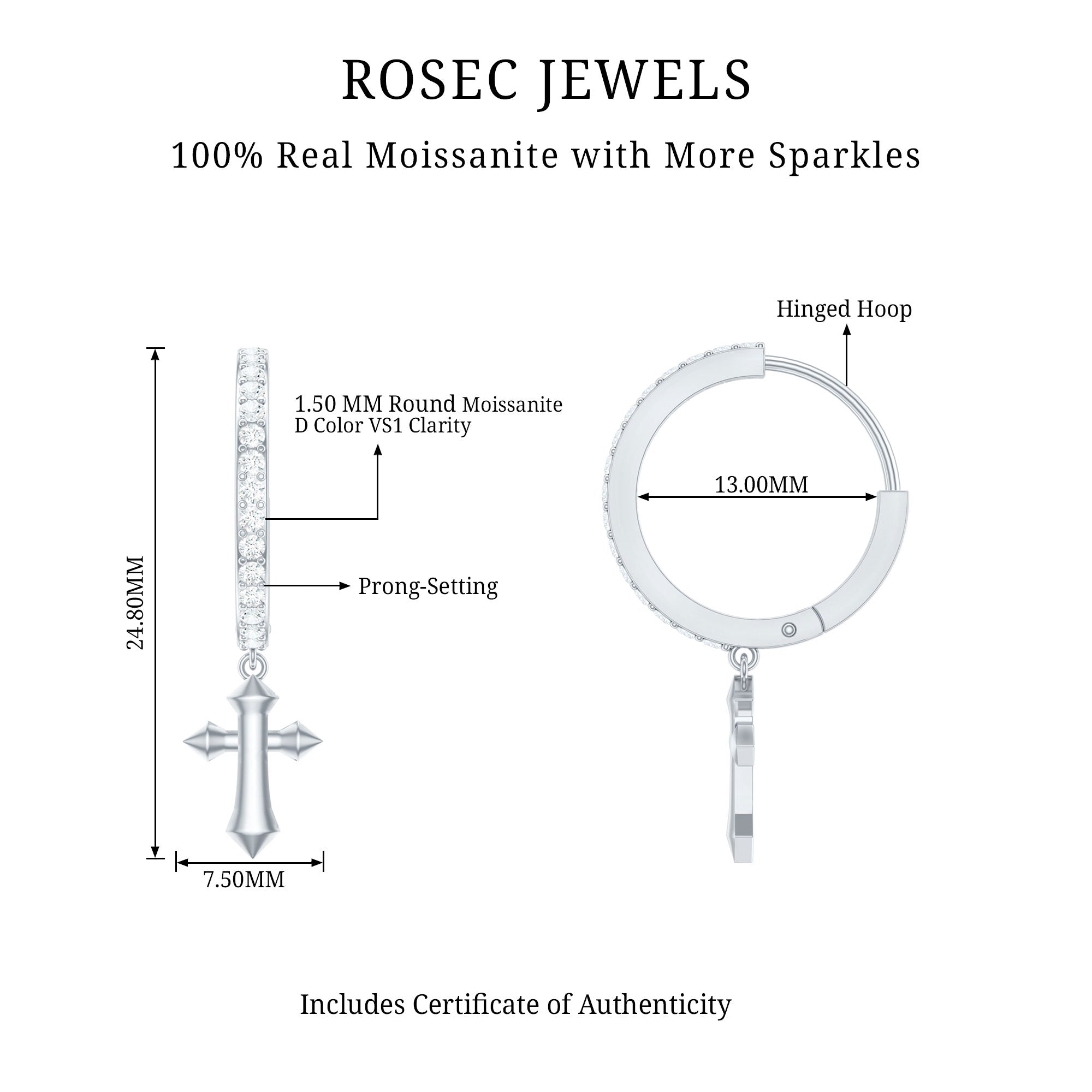 Certified Moissanite Cross Drop Earrings D-VS1 - Rosec Jewels