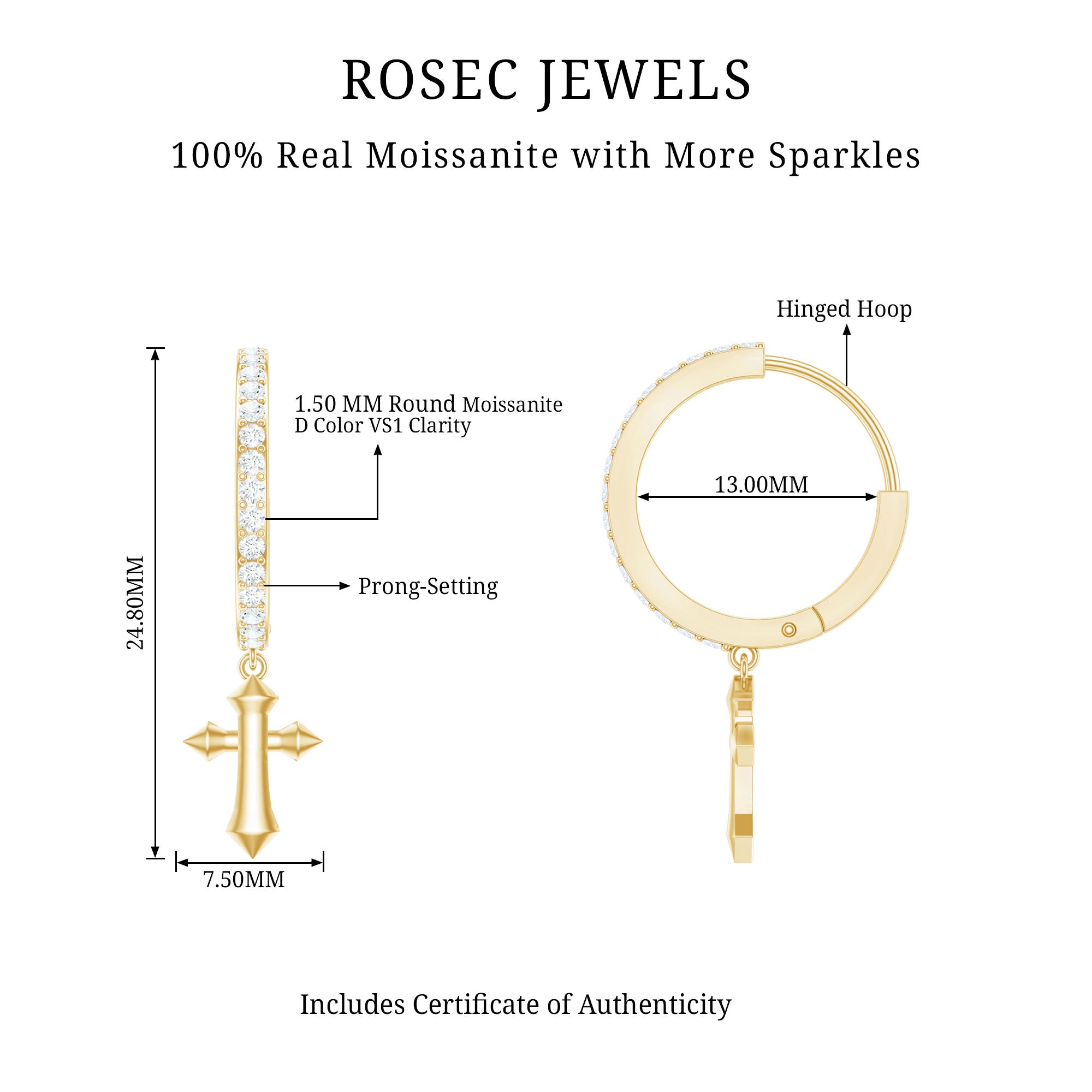 Certified Moissanite Cross Drop Earrings D-VS1 - Rosec Jewels