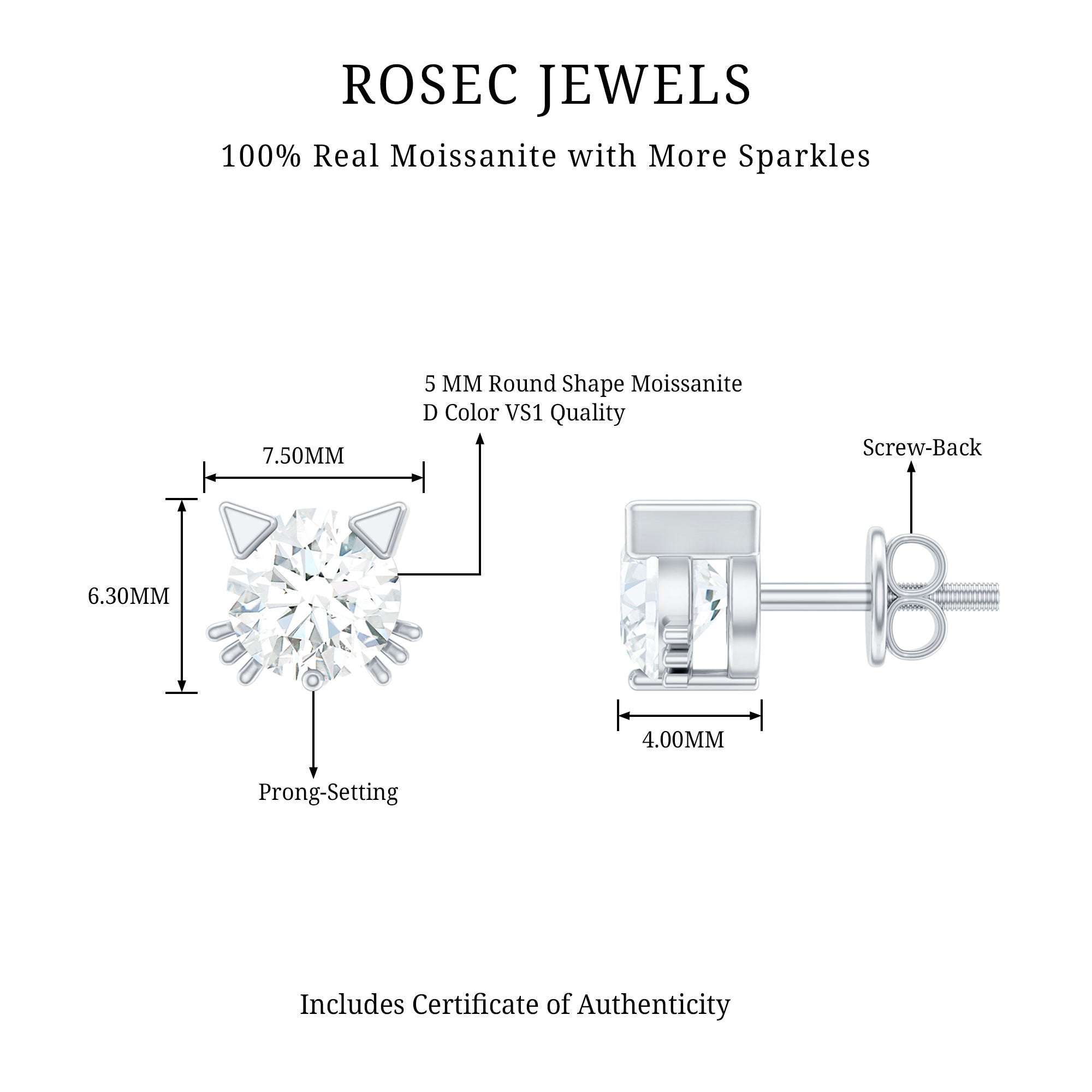 1 CT Solitaire Moissanite Cat Stud Earrings with Screw Back D-VS1 - Rosec Jewels