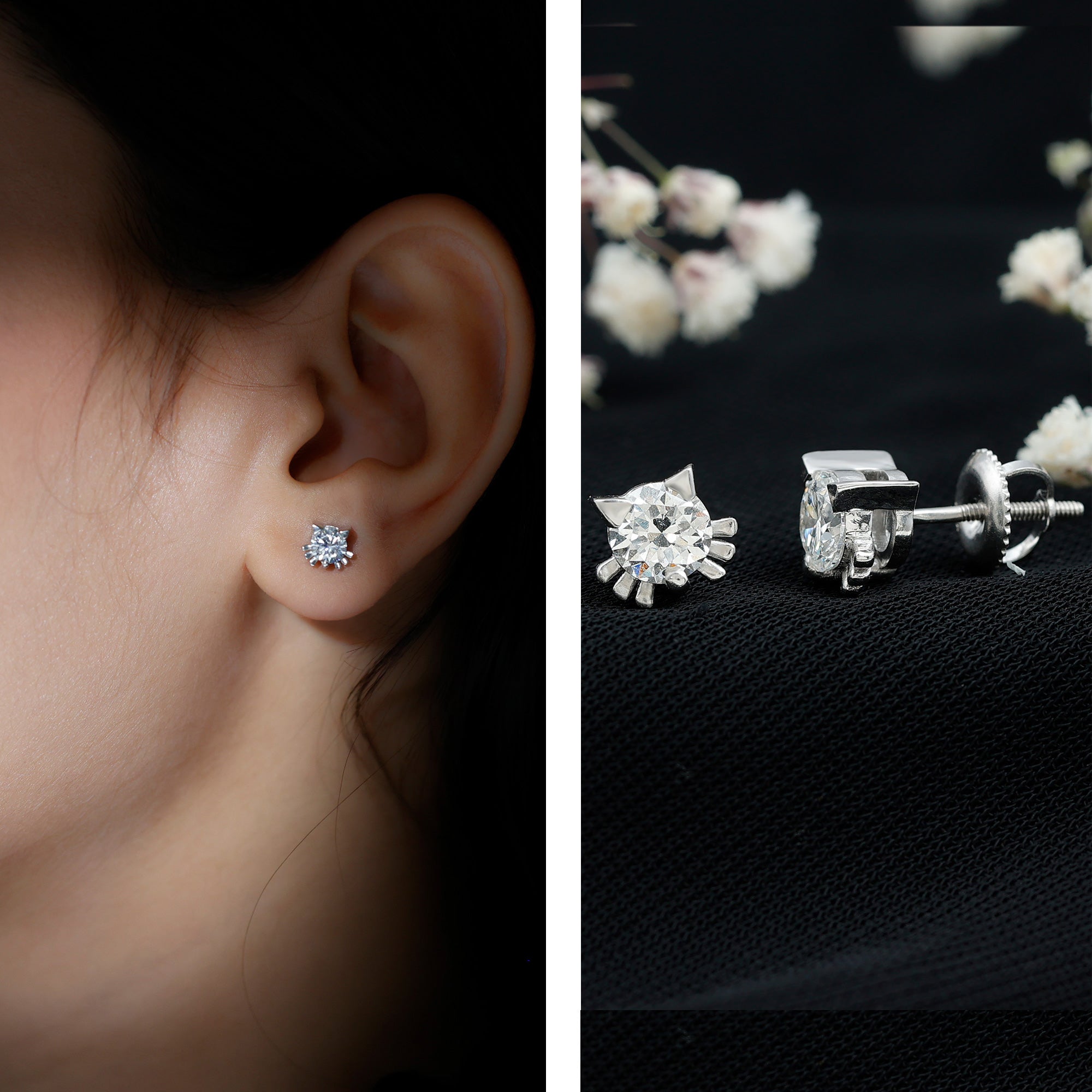 1 CT Solitaire Moissanite Cat Stud Earrings with Screw Back D-VS1 - Rosec Jewels