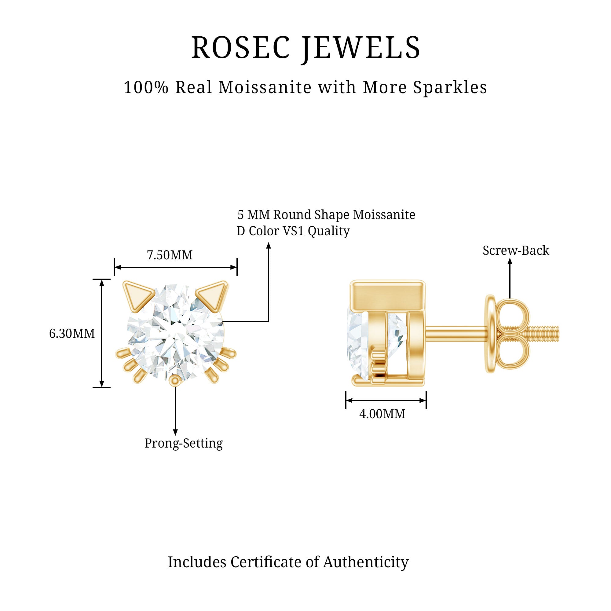 1 CT Solitaire Moissanite Cat Stud Earrings with Screw Back D-VS1 - Rosec Jewels
