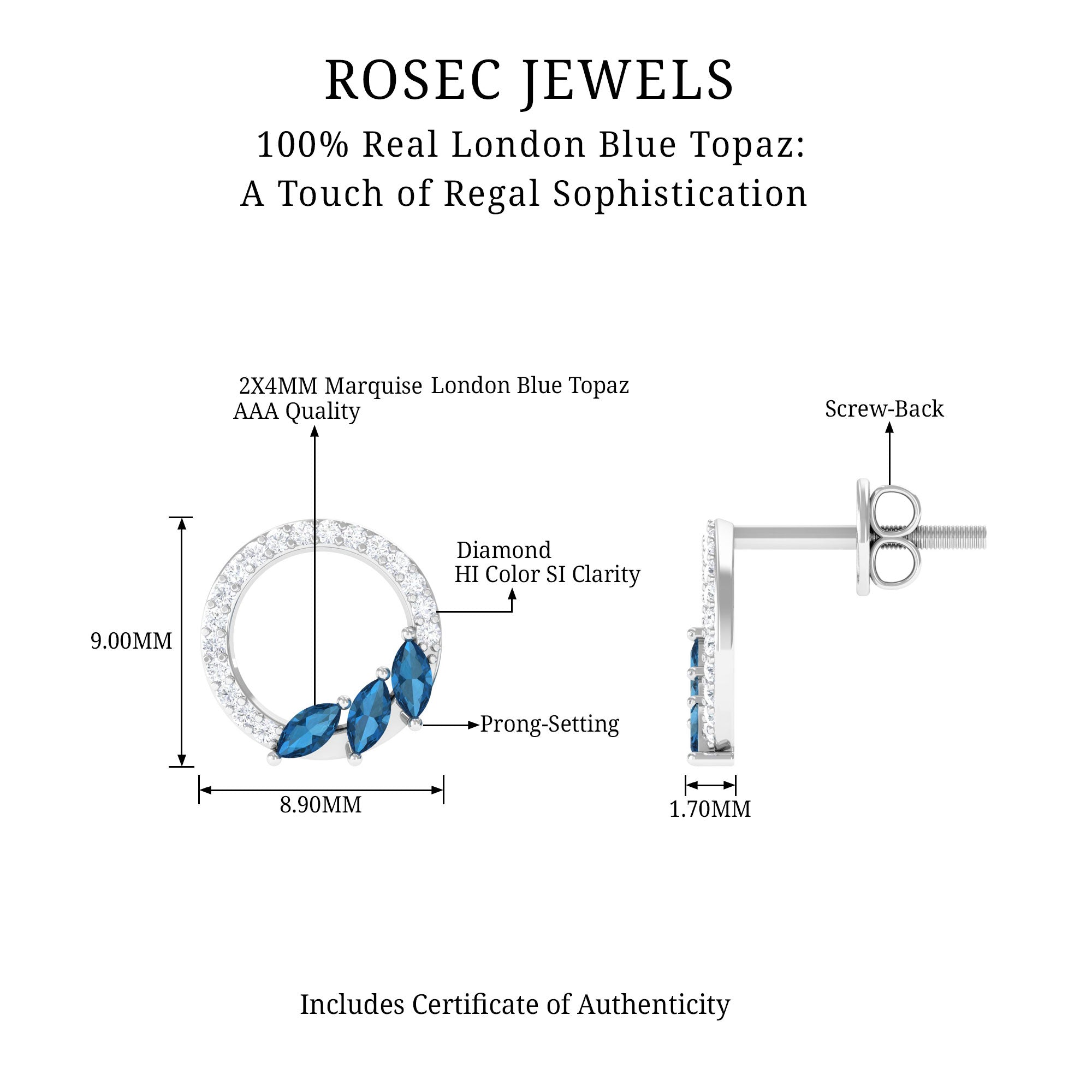 Marquise Cut London Blue Topaz and Diamond Eternity Stud Earrings AAA - Rosec Jewels