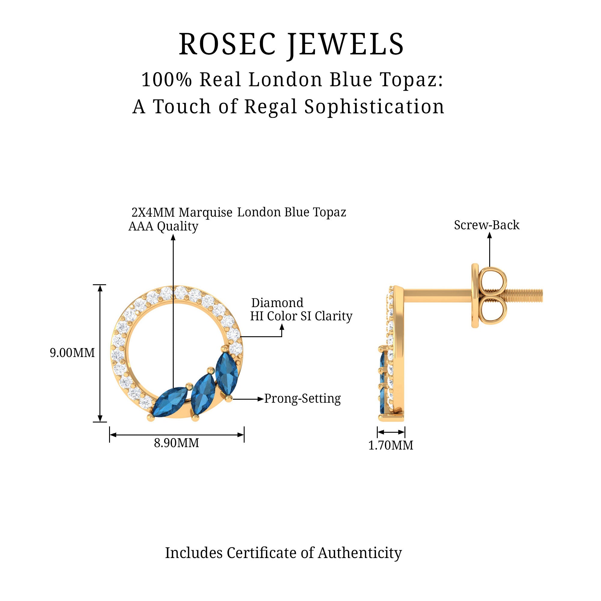 Marquise Cut London Blue Topaz and Diamond Eternity Stud Earrings AAA - Rosec Jewels