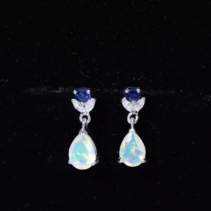 1.4 Carat Ethiopian Opal Teardrop Earrings with Lab Blue Sapphire AAA - Rosec Jewels