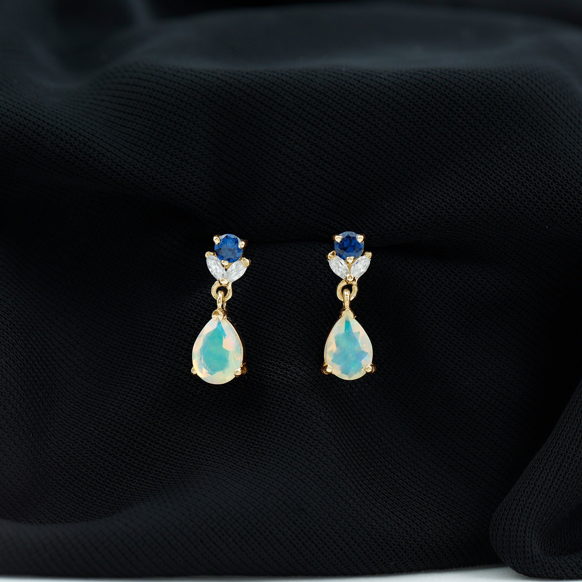 1.4 Carat Ethiopian Opal Teardrop Earrings with Lab Blue Sapphire AAA - Rosec Jewels