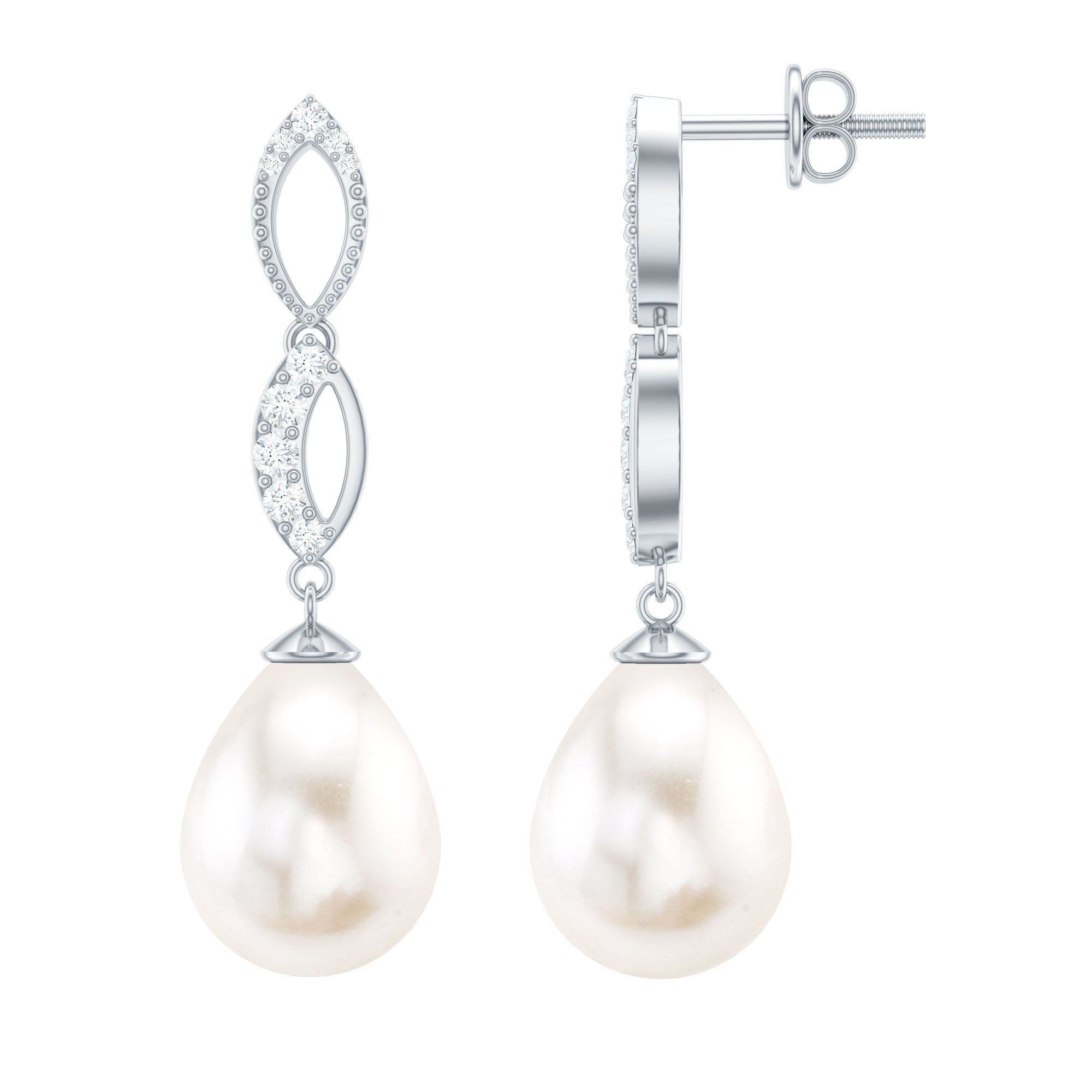 Genuine Freshwater Pearl and Diamond Infinity Drop Earrings AAA - Rosec Jewels