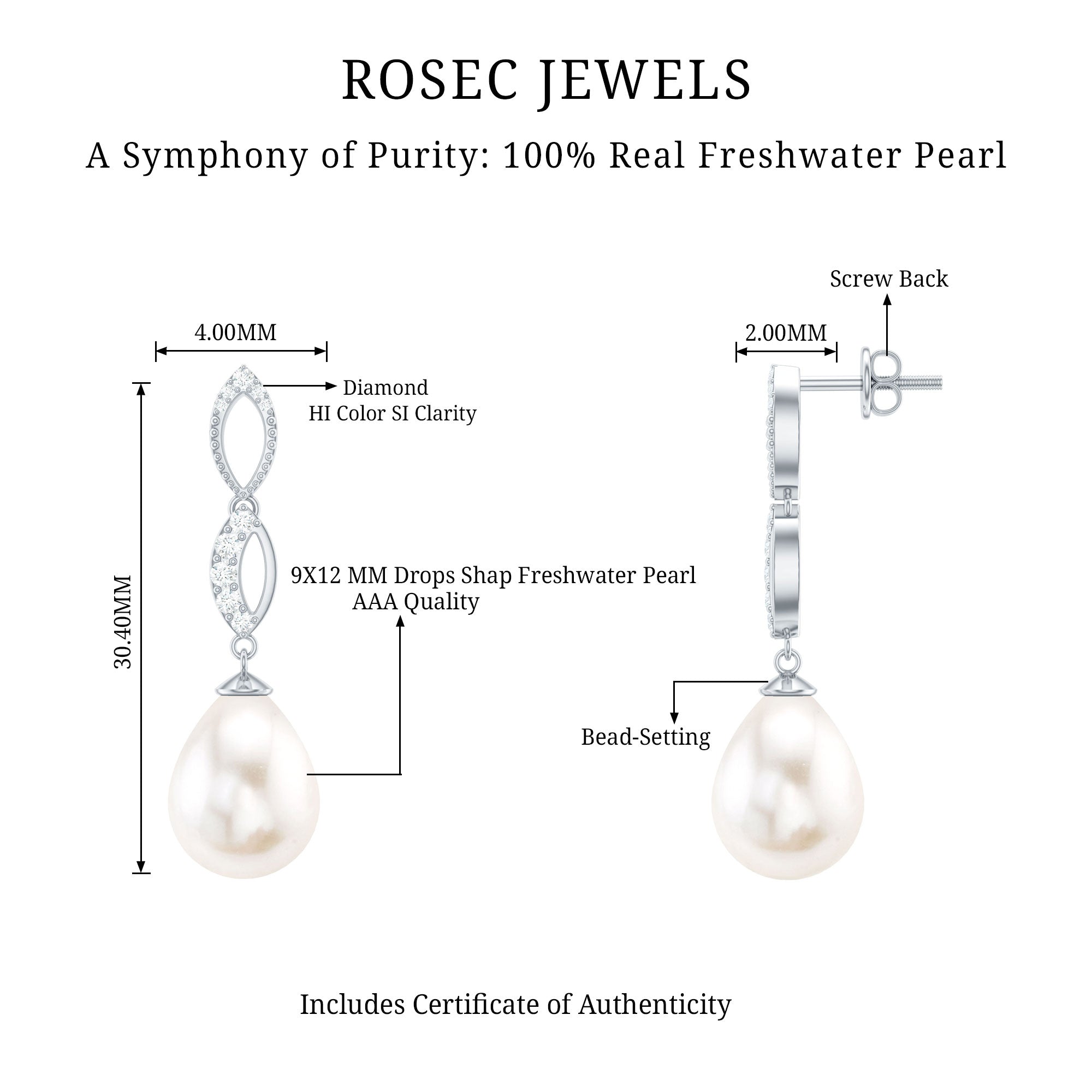 Genuine Freshwater Pearl and Diamond Infinity Drop Earrings AAA - Rosec Jewels