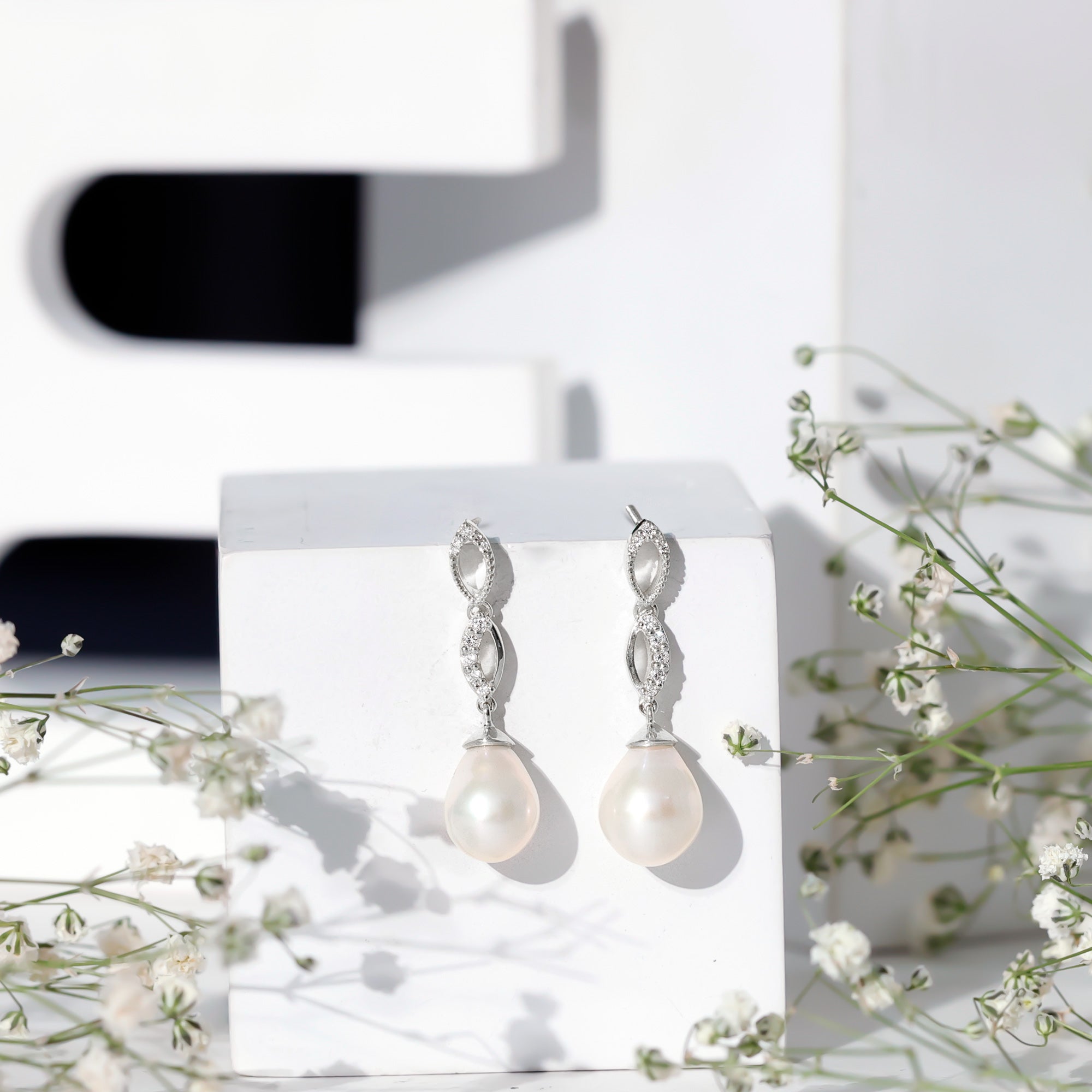 Genuine Freshwater Pearl and Diamond Infinity Drop Earrings AAA - Rosec Jewels