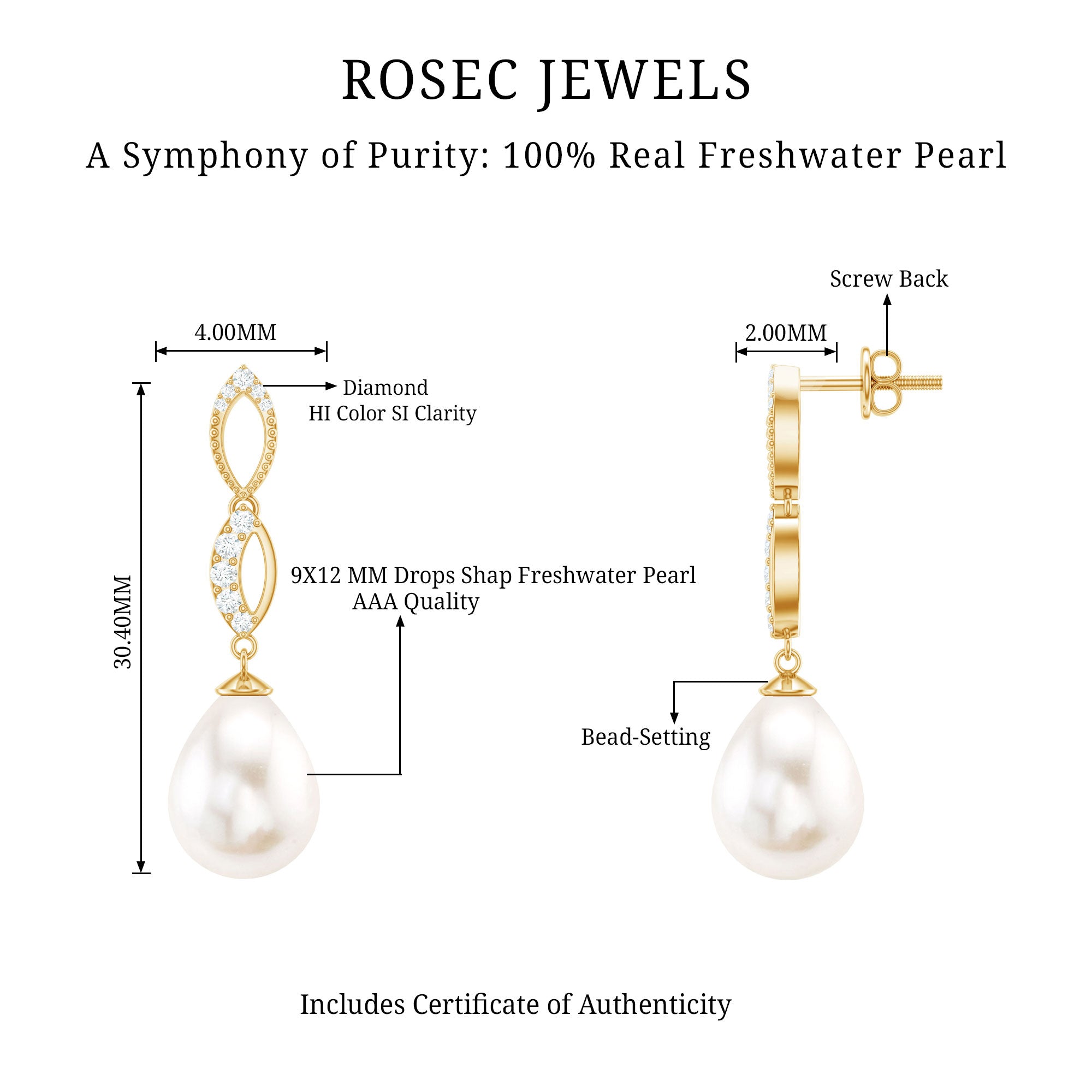Genuine Freshwater Pearl and Diamond Infinity Drop Earrings AAA - Rosec Jewels