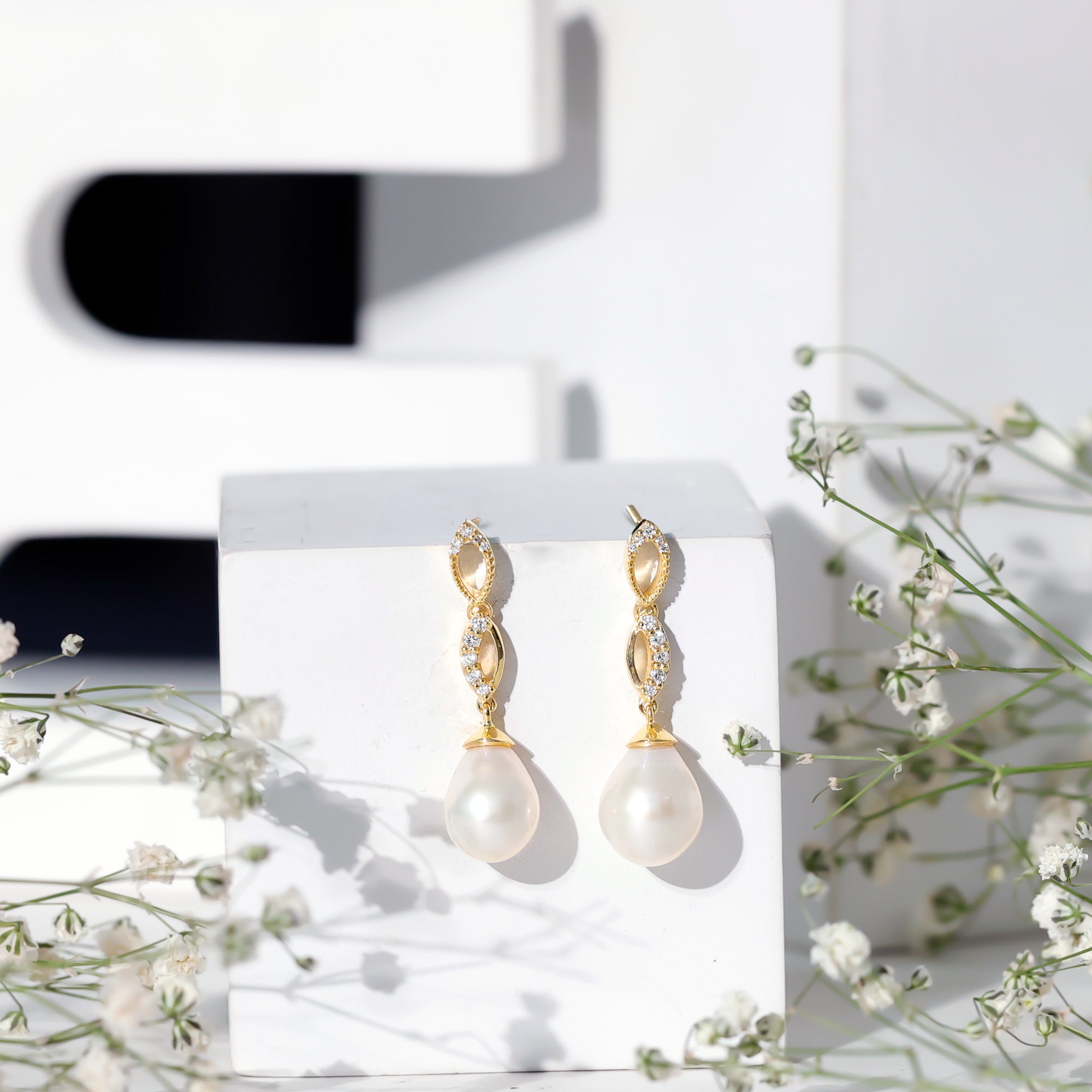 Genuine Freshwater Pearl and Diamond Infinity Drop Earrings AAA - Rosec Jewels