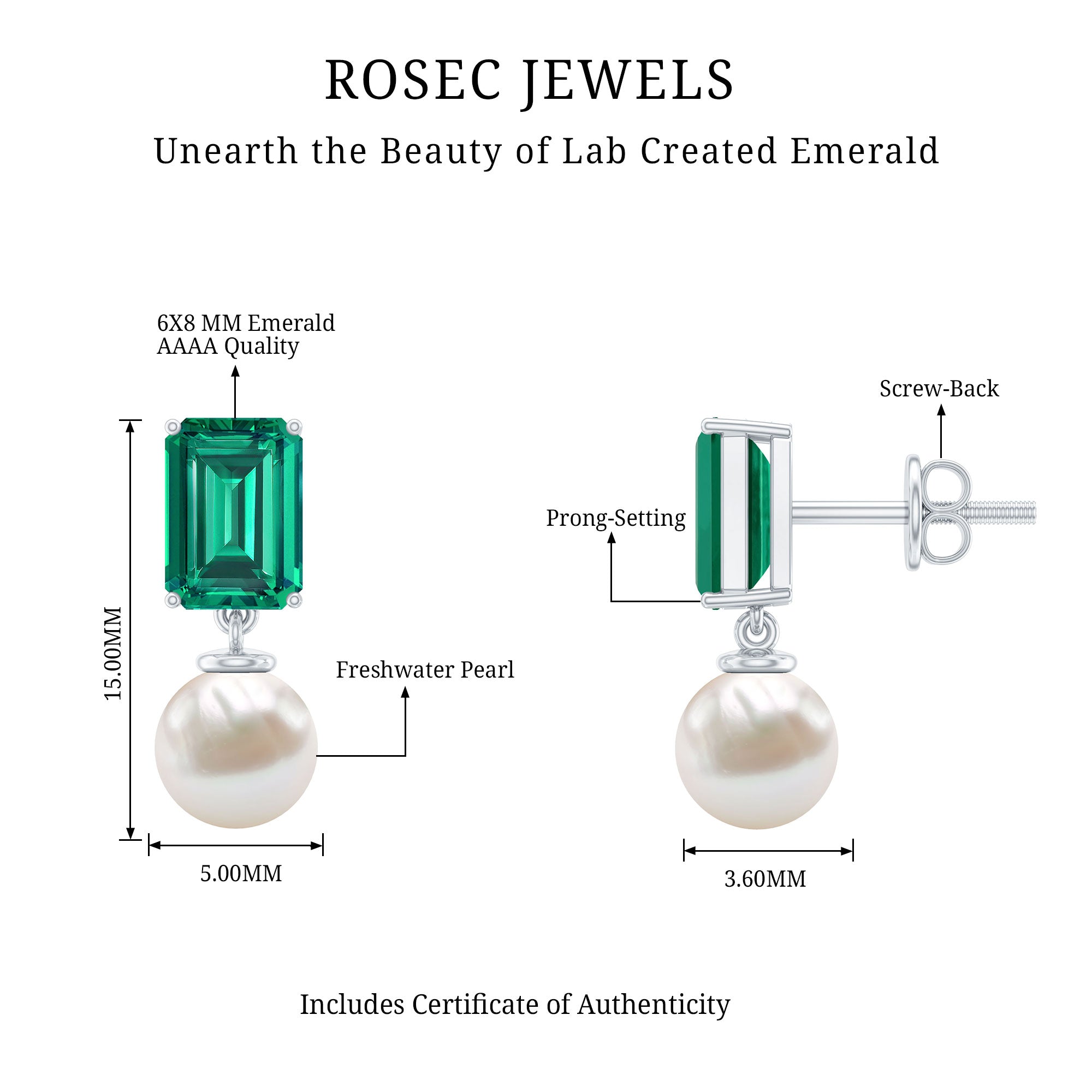 Certified Emerald Cut Lab Grown Emerald and Pearl Drop Earrings AAA - Rosec Jewels