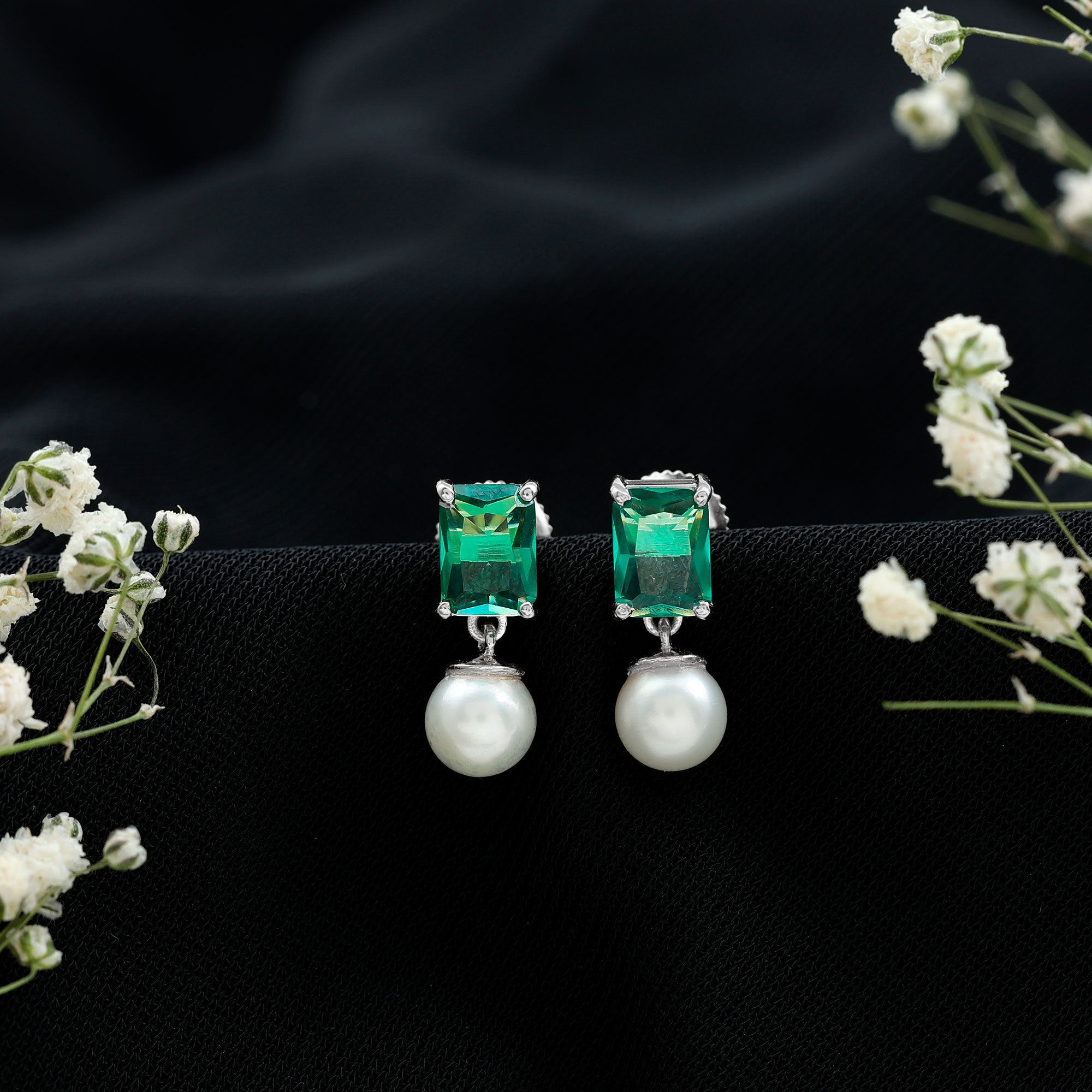 Certified Emerald Cut Lab Grown Emerald and Pearl Drop Earrings AAA - Rosec Jewels