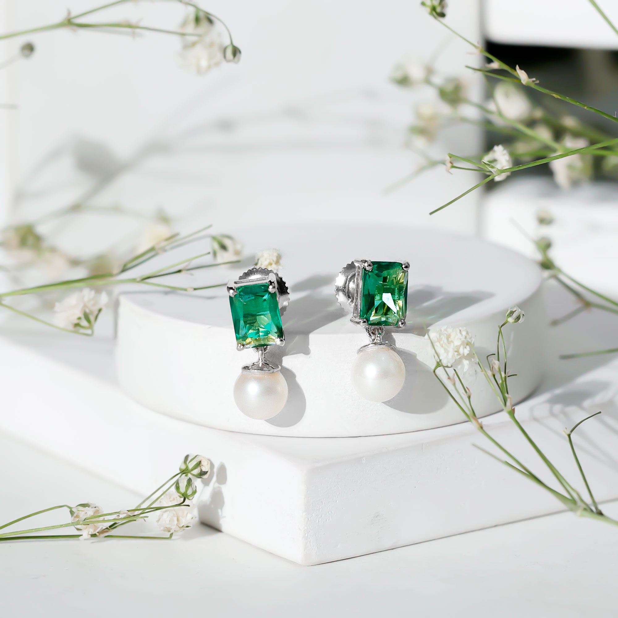 Certified Emerald Cut Lab Grown Emerald and Pearl Drop Earrings AAA - Rosec Jewels
