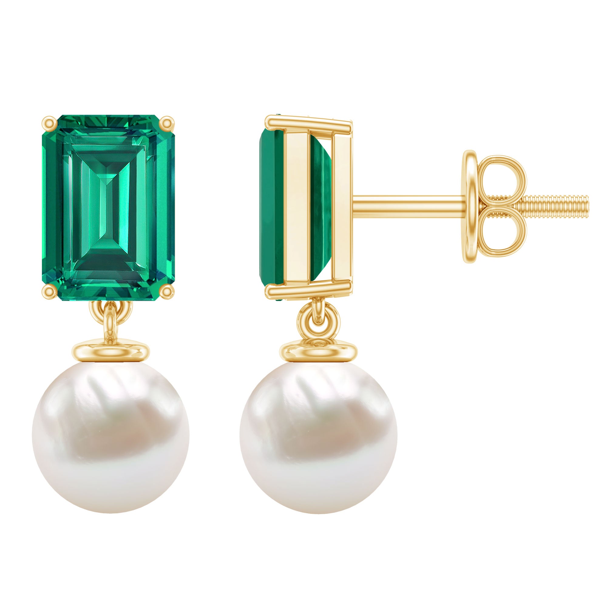 Certified Emerald Cut Lab Grown Emerald and Pearl Drop Earrings AAA - Rosec Jewels