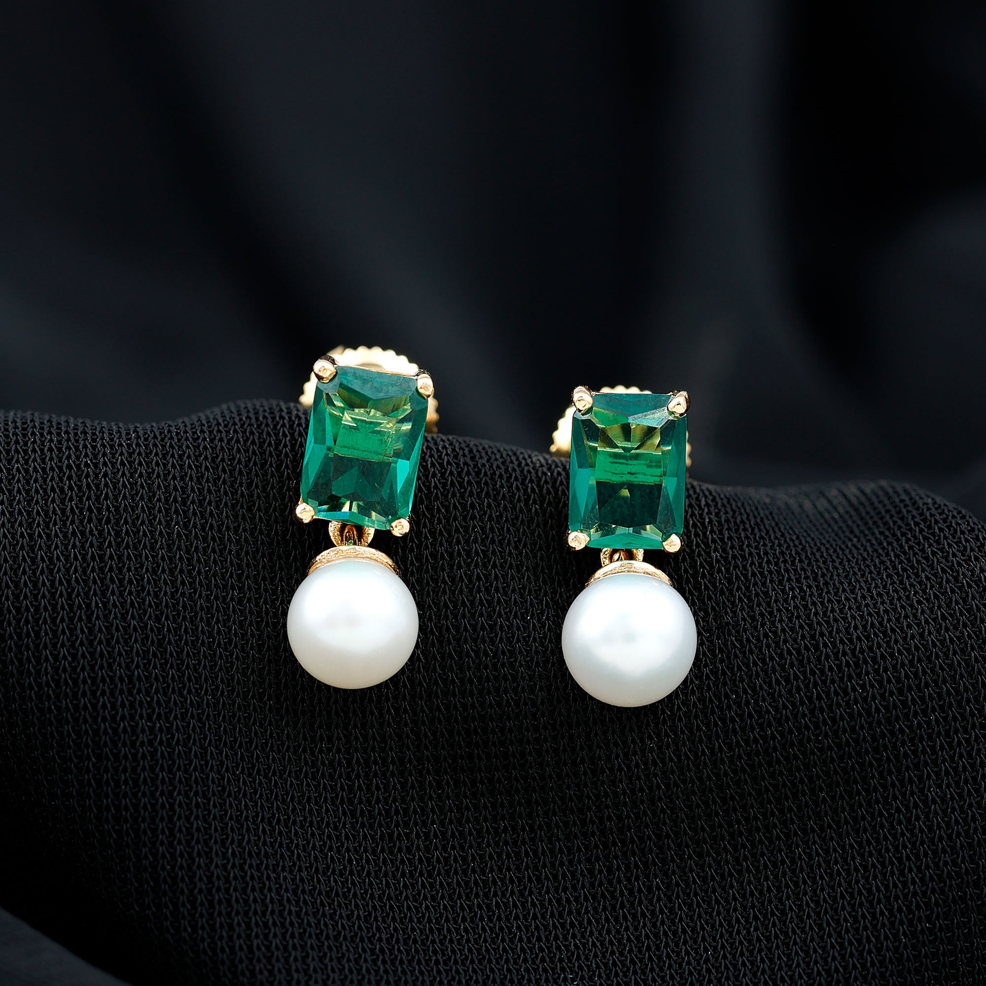 Certified Emerald Cut Lab Grown Emerald and Pearl Drop Earrings AAA - Rosec Jewels