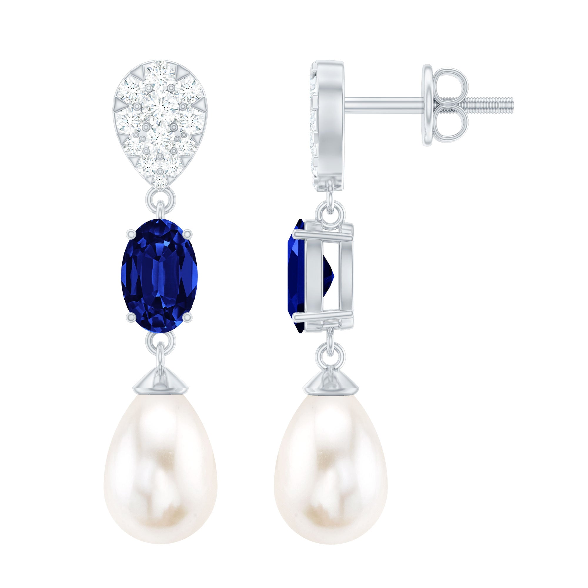 Teardrop Shape Freshwater Pearl Dangle Earrings with Lab Sapphire AAA - Rosec Jewels