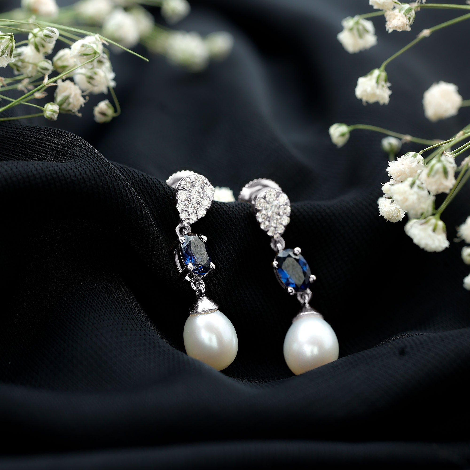 Teardrop Shape Freshwater Pearl Dangle Earrings with Lab Sapphire AAA - Rosec Jewels