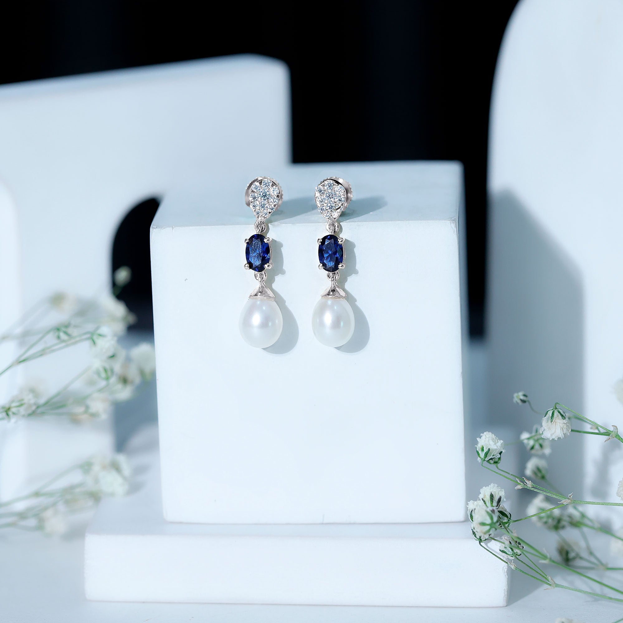 Teardrop Shape Freshwater Pearl Dangle Earrings with Lab Sapphire AAA - Rosec Jewels