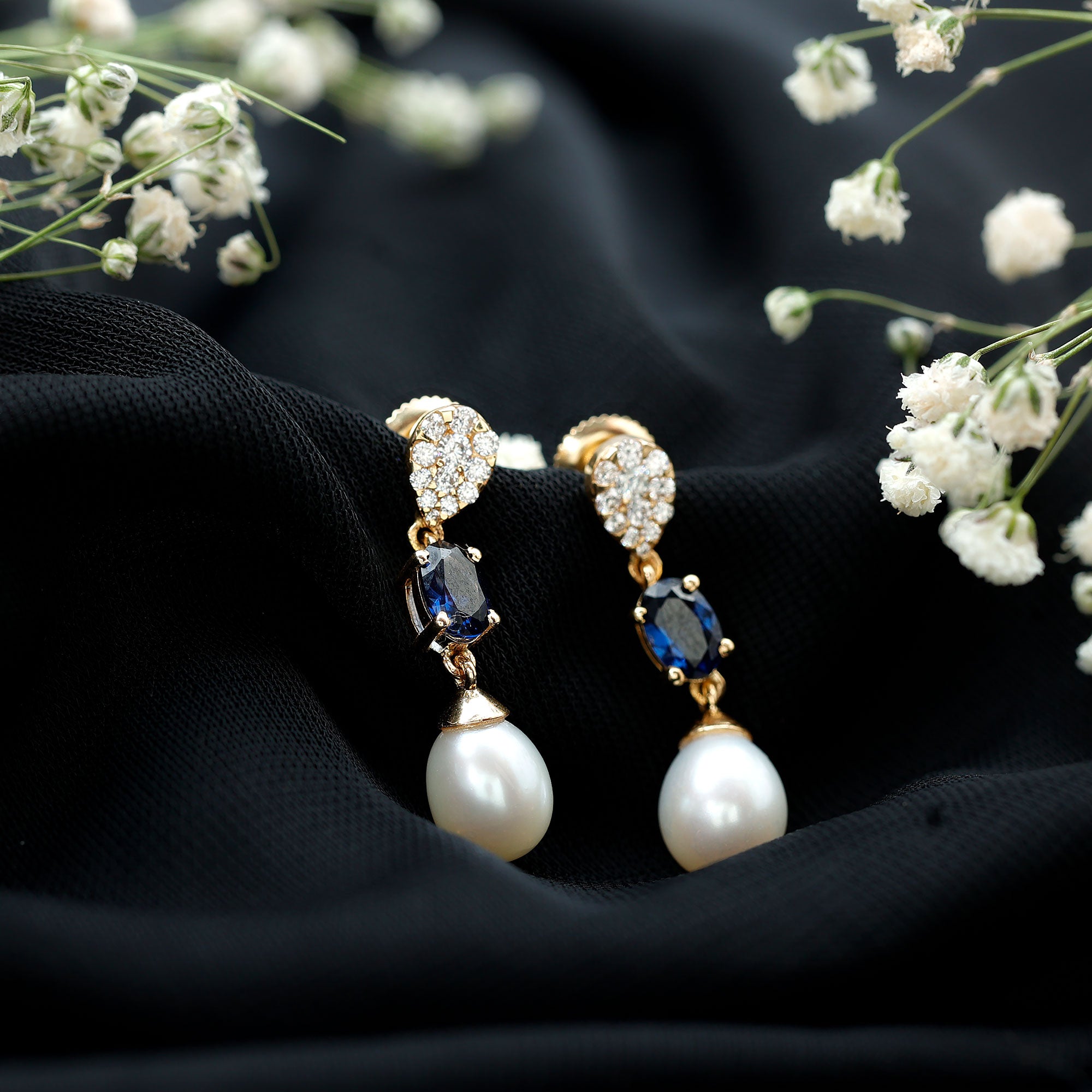 Teardrop Shape Freshwater Pearl Dangle Earrings with Lab Sapphire AAA - Rosec Jewels