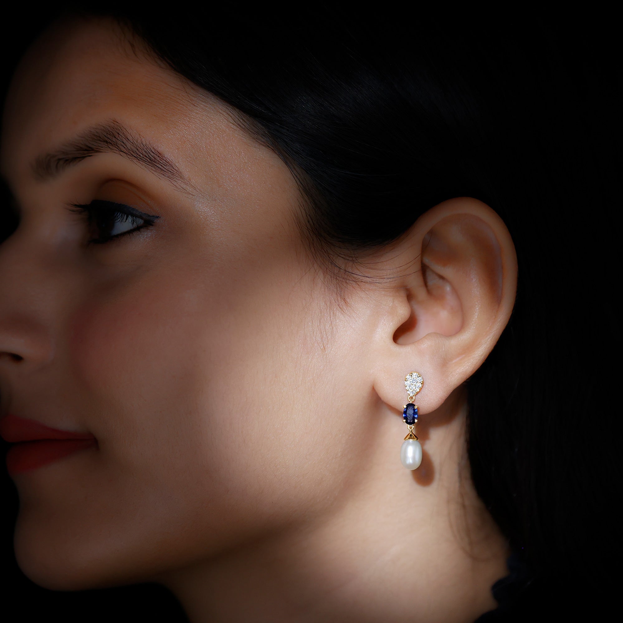Teardrop Shape Freshwater Pearl Dangle Earrings with Lab Sapphire AAA - Rosec Jewels