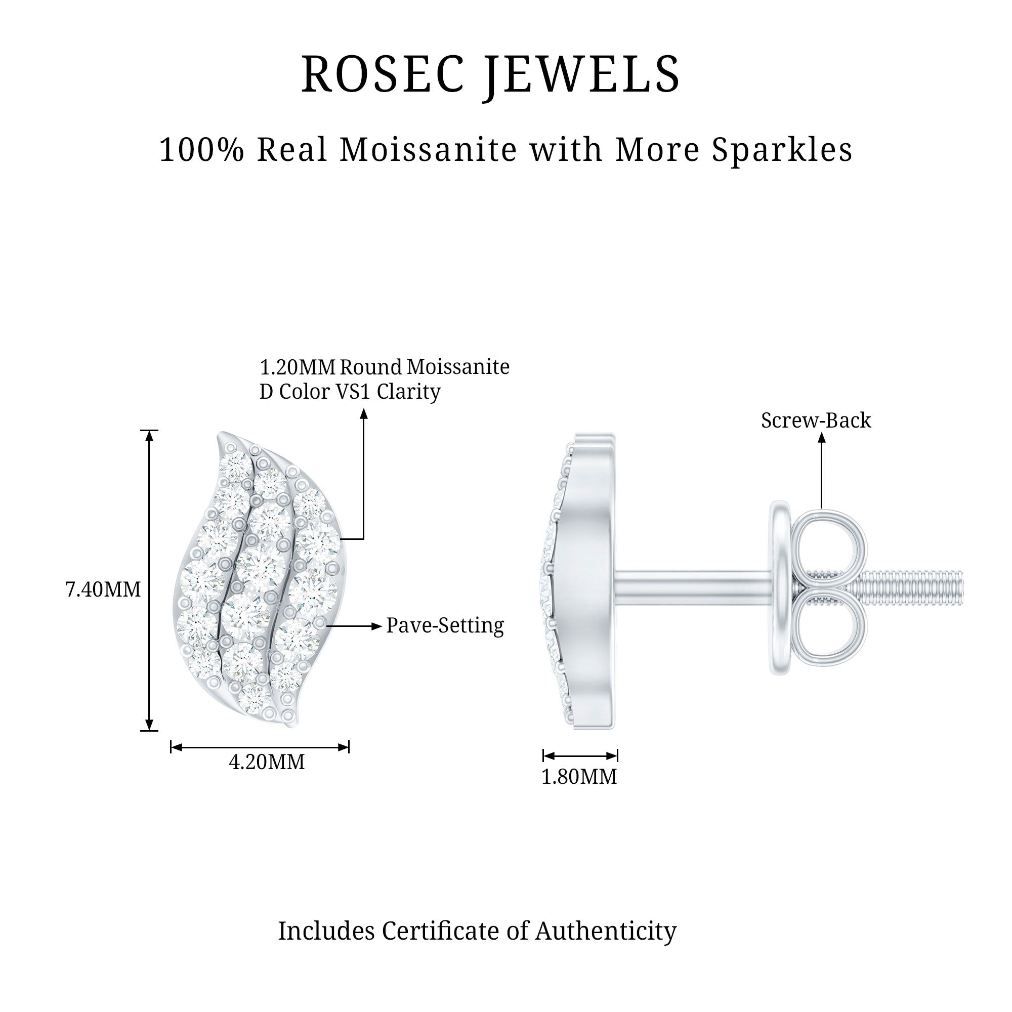 1/4 CT Certified Moissanite Leaf Stud Earrings in Pave Setting D-VS1 - Rosec Jewels