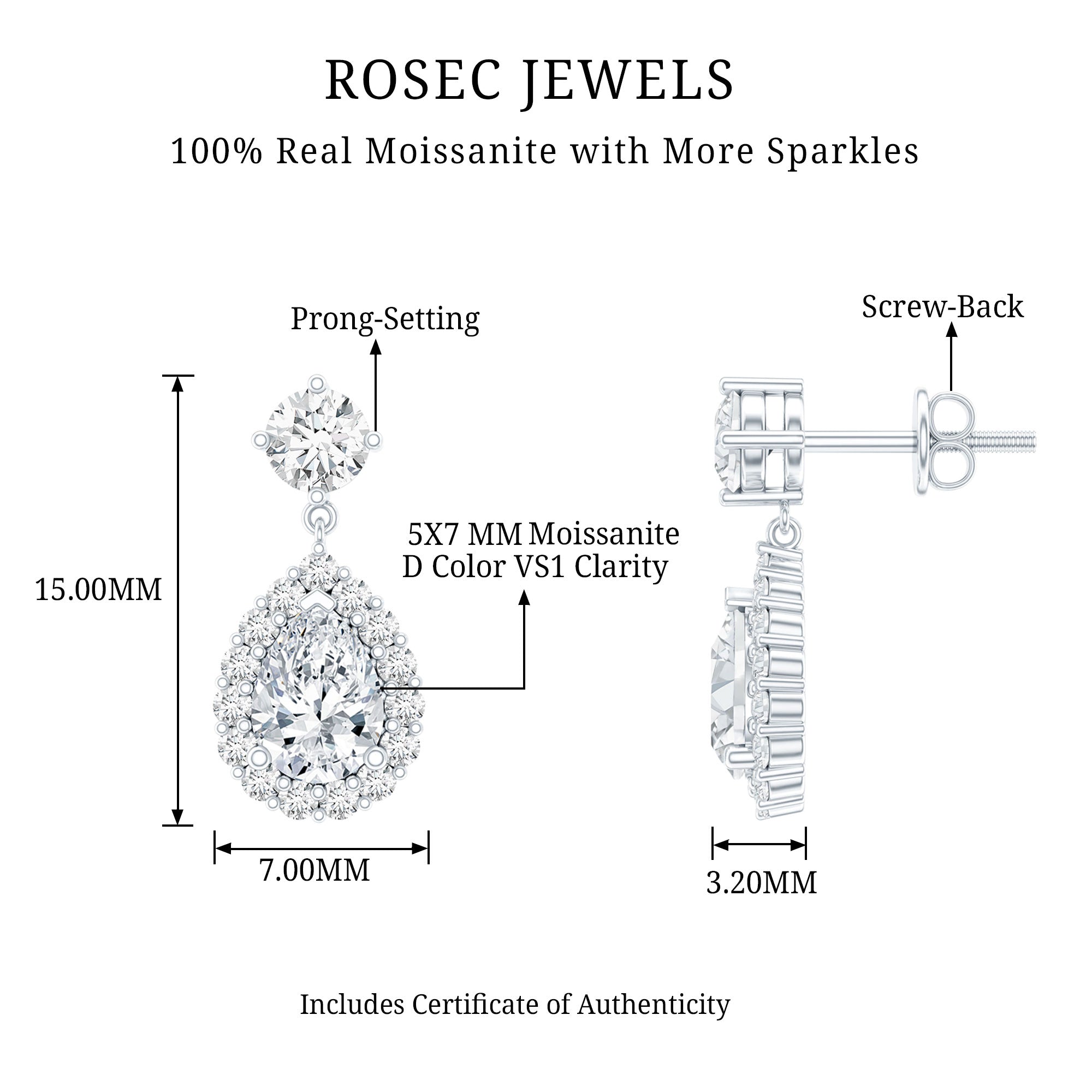 2.50 CT Moissanite Teardrop Bridal Earrings in Silver D-VS1 92.5 Sterling Silver - Rosec Jewels
