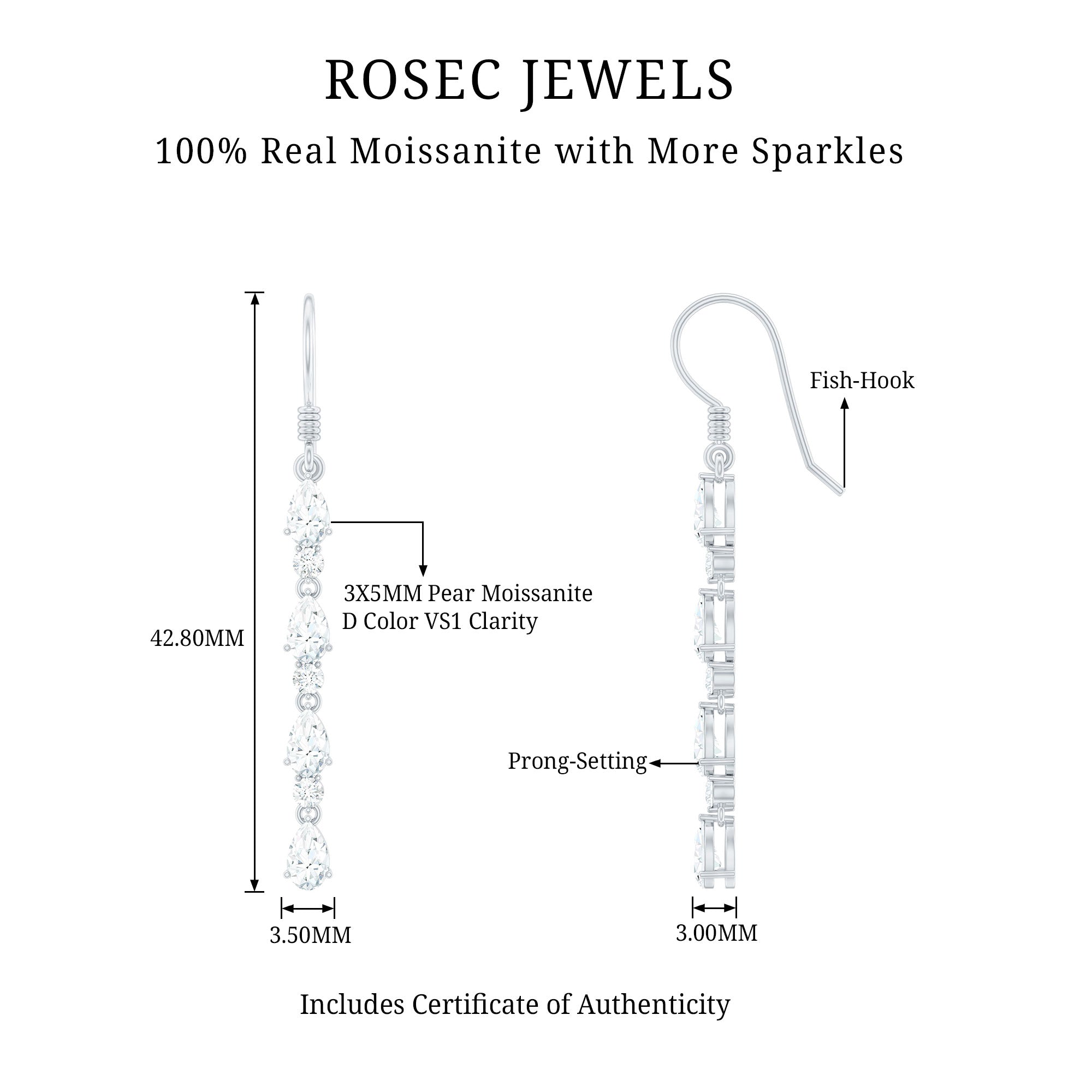 Pear and Round Cut Moissanite Dangle Earrings with Fish Hook D-VS1 - Rosec Jewels