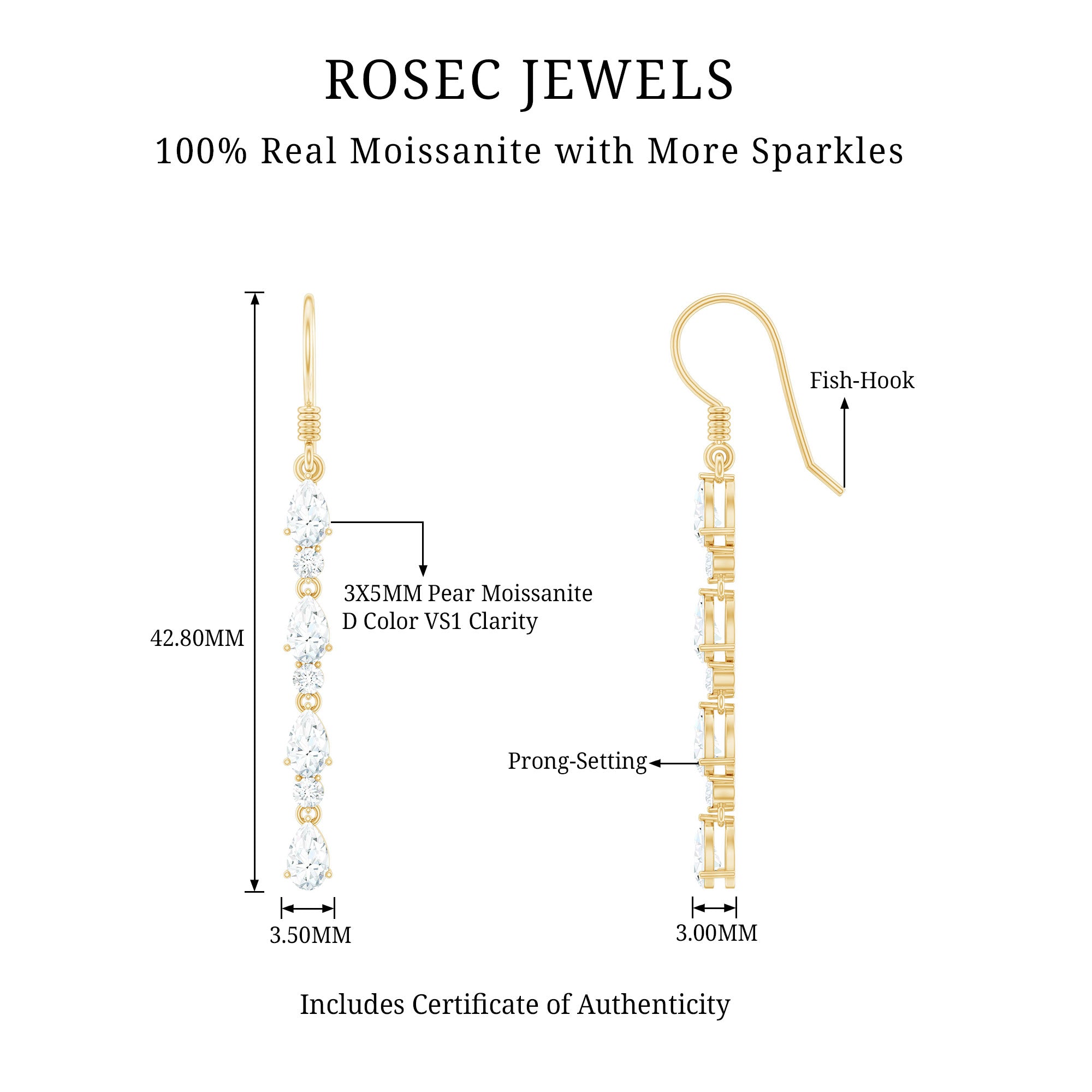 Pear and Round Cut Moissanite Dangle Earrings with Fish Hook D-VS1 - Rosec Jewels