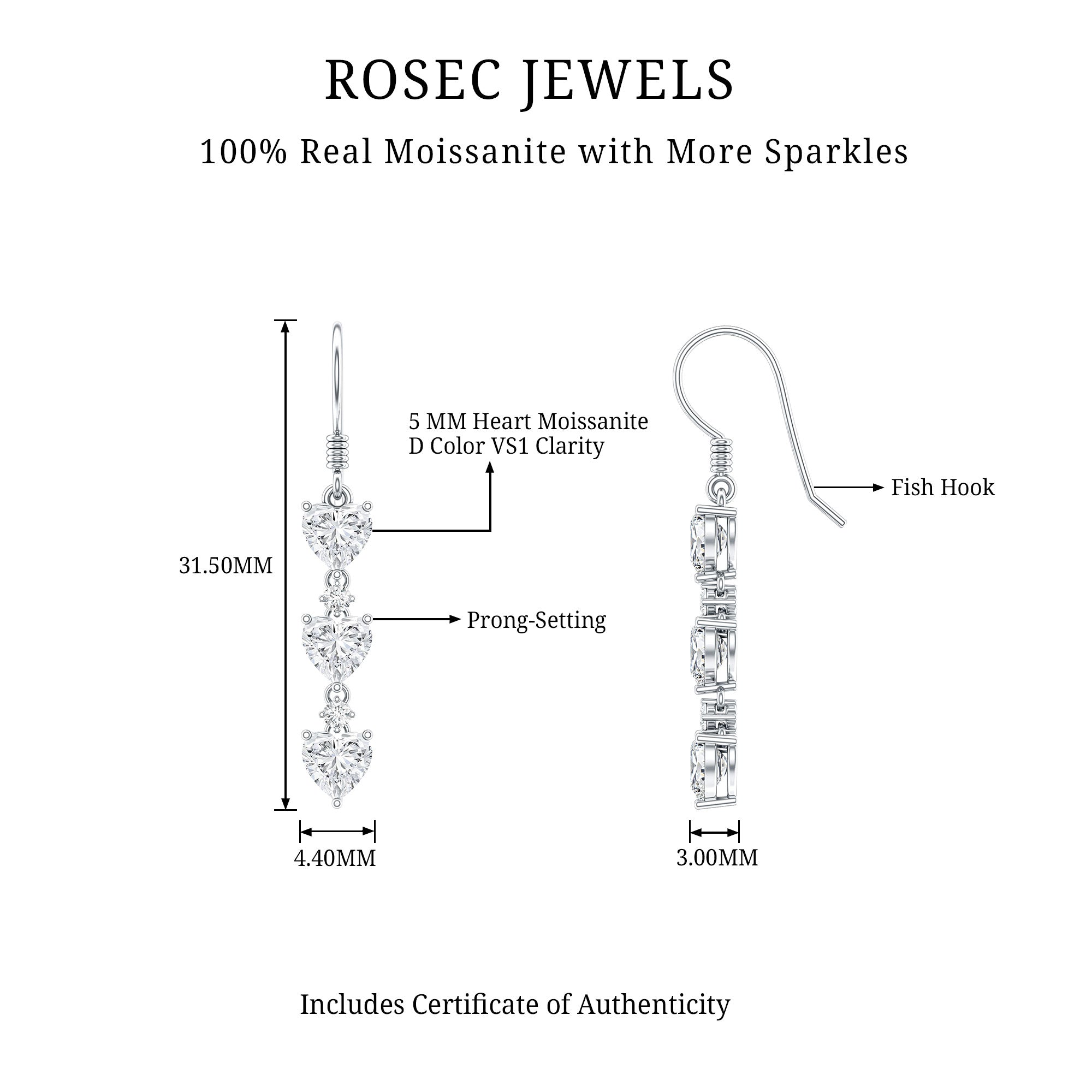 Heart and Round Shape Moissanite Dangle Earrings D-VS1 - Rosec Jewels
