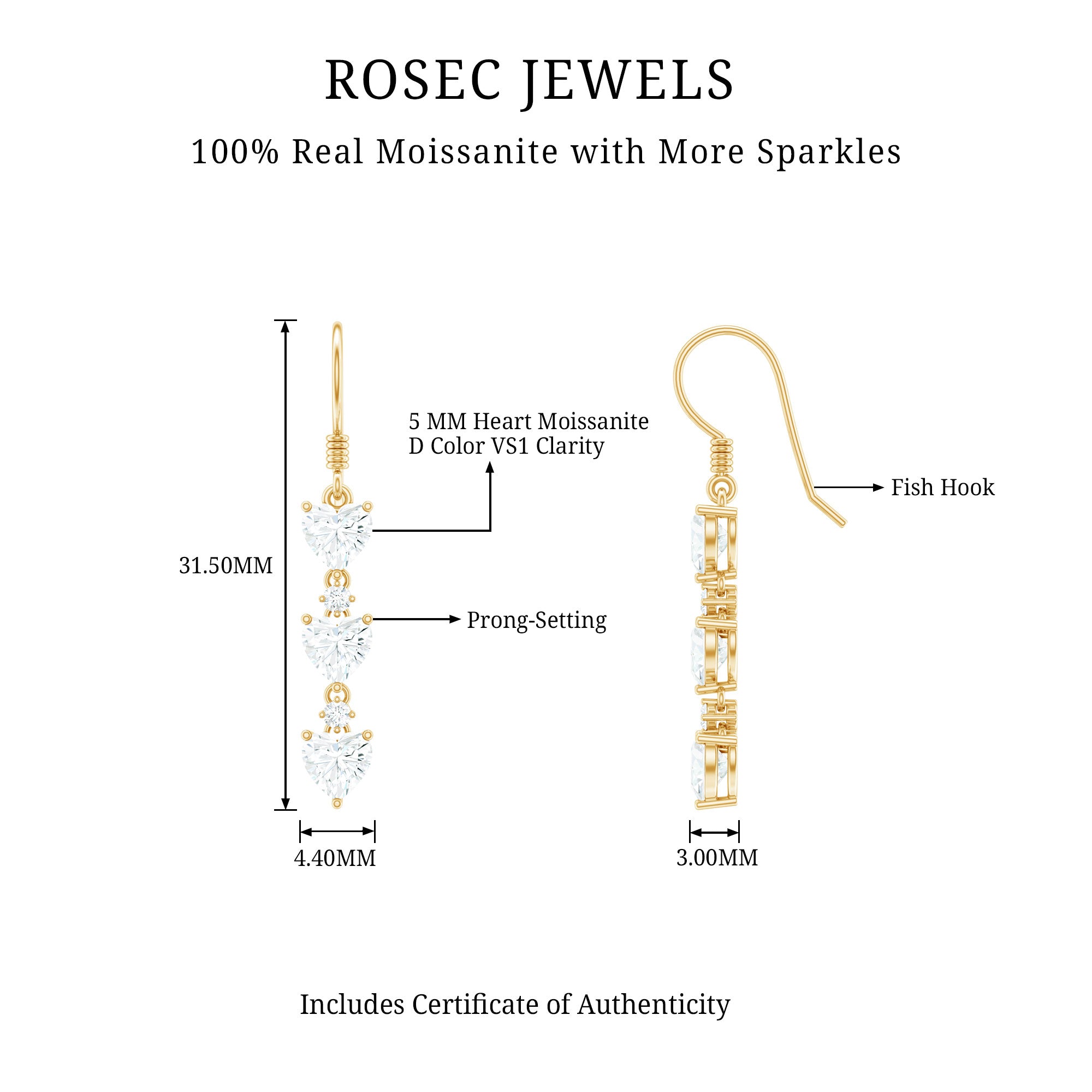2 CT Heart and Round Shape Moissanite Dangle Earrings D-VS1 - Rosec Jewels