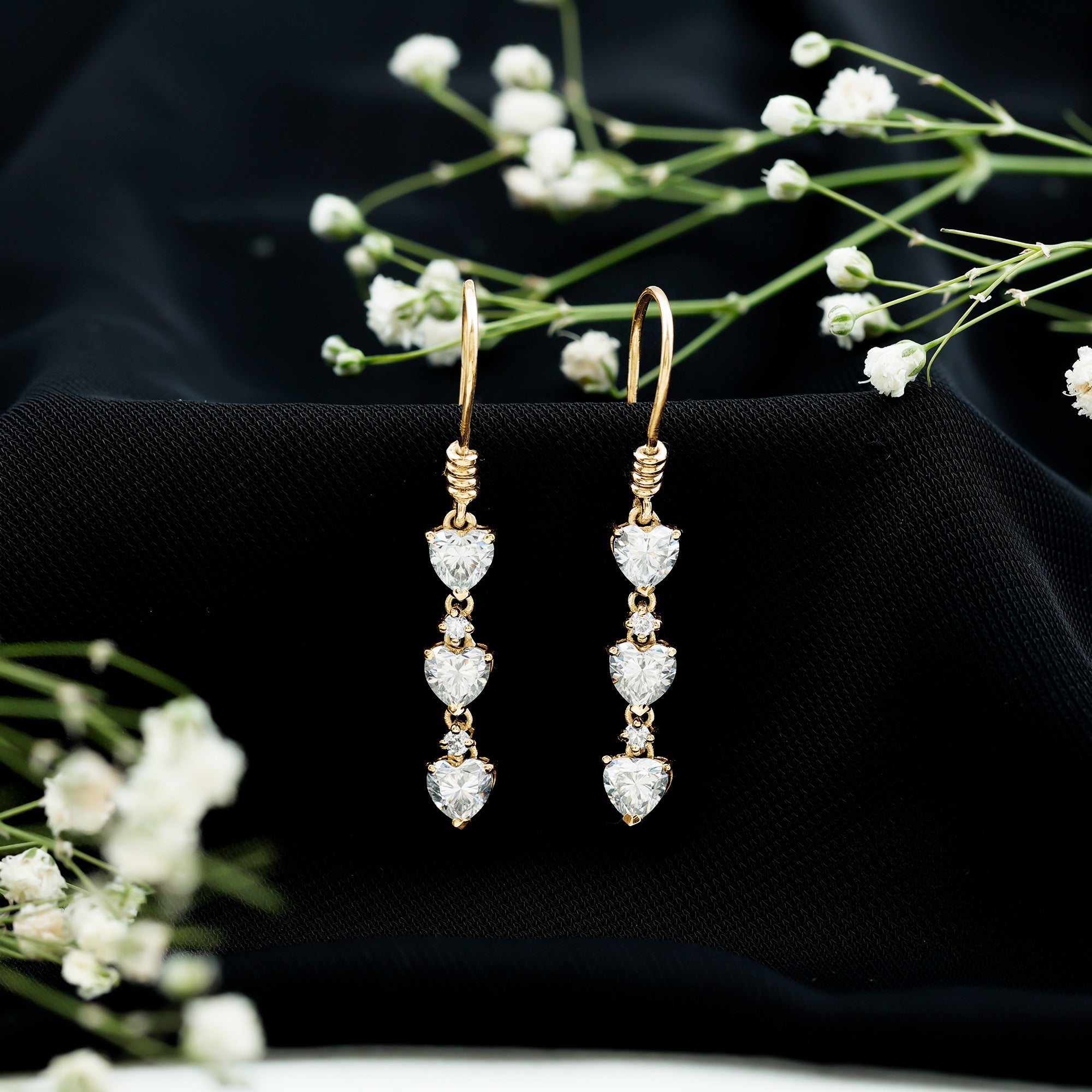 Heart and Round Shape Moissanite Dangle Earrings D-VS1 - Rosec Jewels