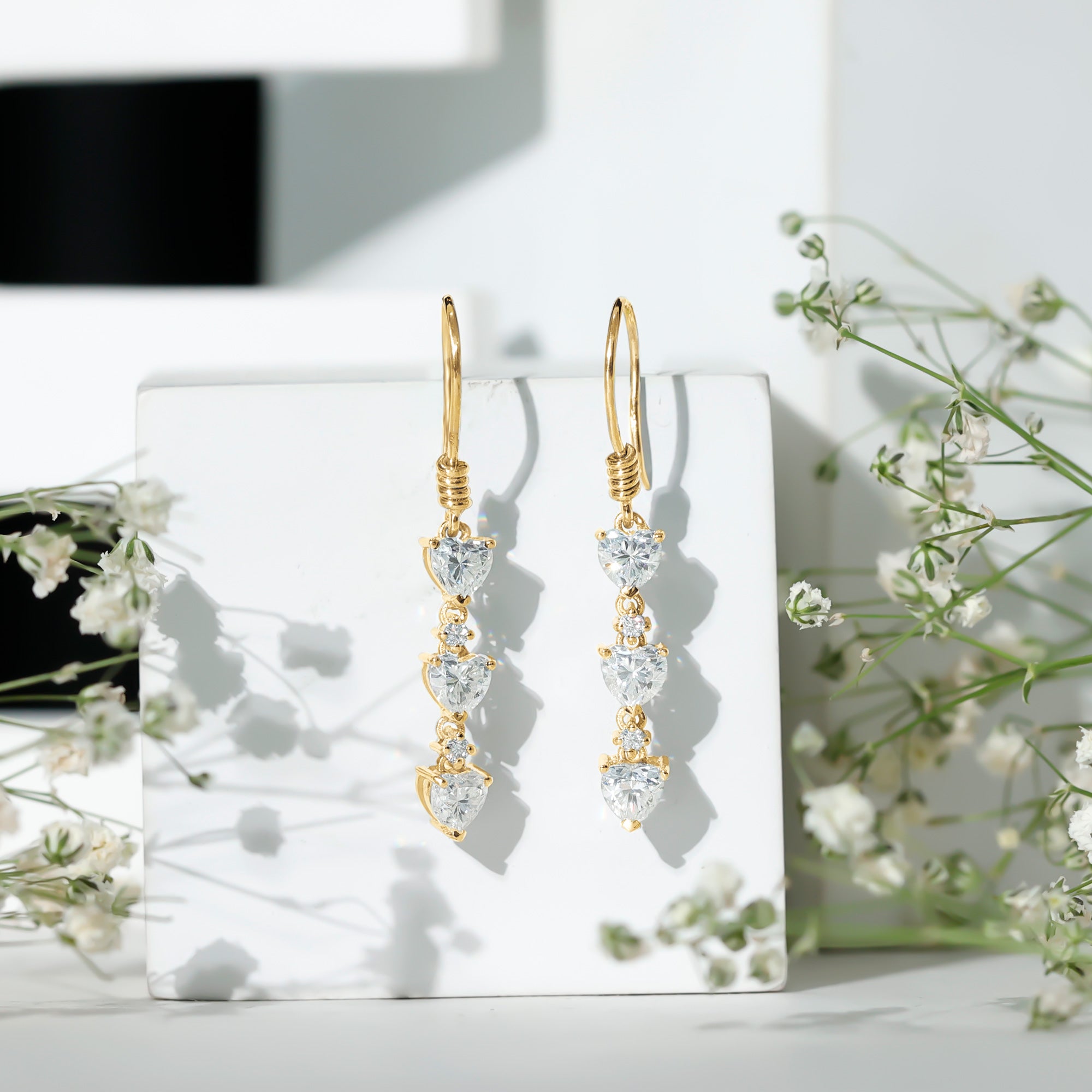 Heart and Round Shape Moissanite Dangle Earrings D-VS1 - Rosec Jewels