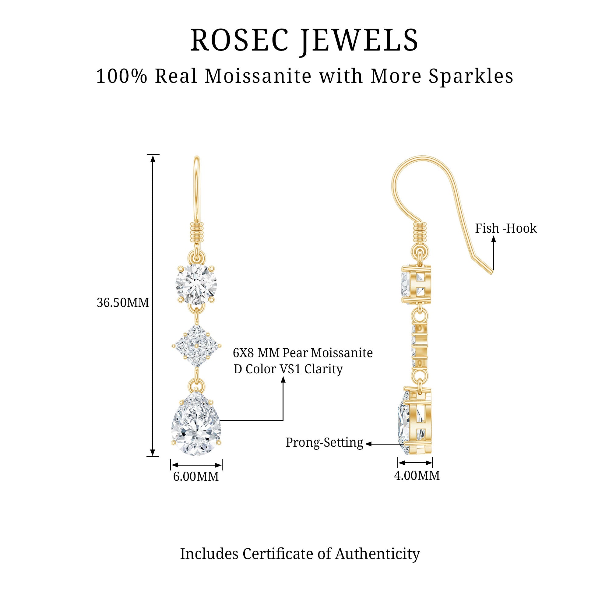 Certified Moissanite Bridal Dangle Earrings with Fish Hook D-VS1 - Rosec Jewels