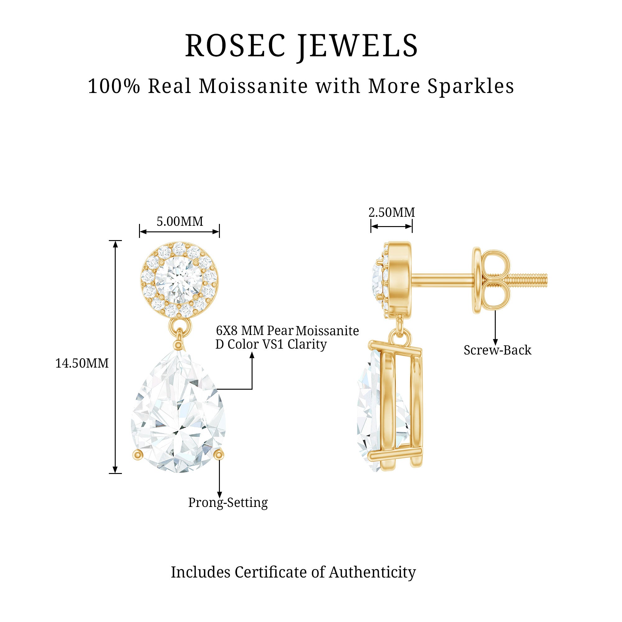 Classic Moissanite Bridal Drop Earrings D-VS1 - Rosec Jewels