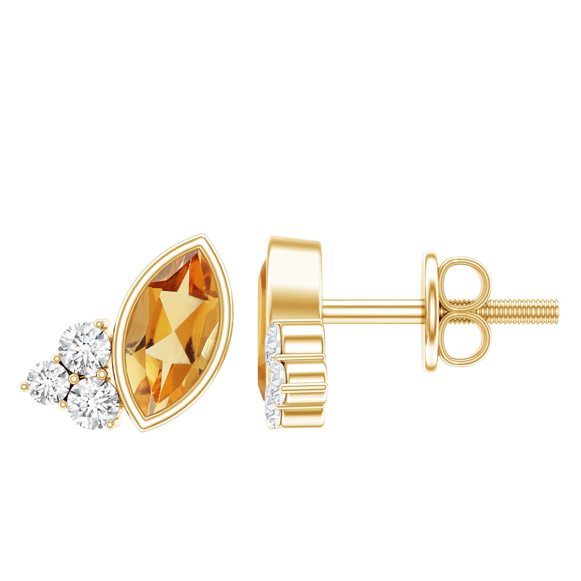 Bezel Set Citrine Marquise Stud Earrings with Diamonds AAA 14K Yellow Gold Plated Silver - Rosec Jewels