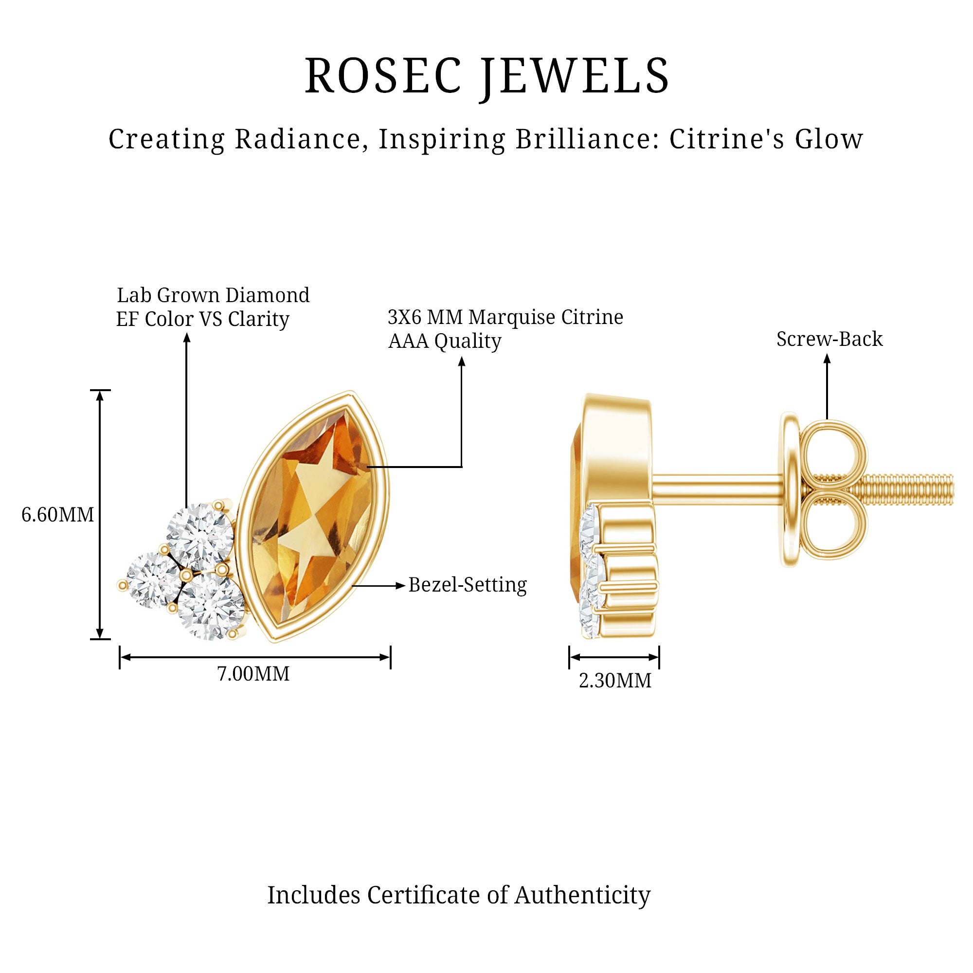 Bezel Set Citrine Marquise Stud Earrings with Diamonds AAA 14K Yellow Gold Plated Silver - Rosec Jewels