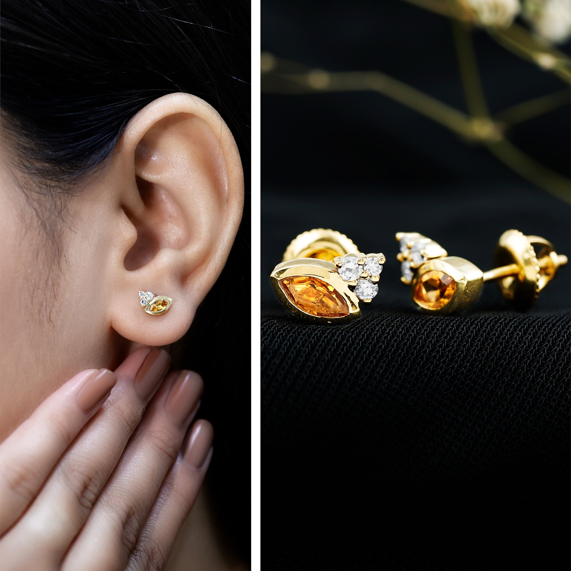 Bezel Set Citrine Marquise Stud Earrings with Diamonds AAA 14K Yellow Gold Plated Silver - Rosec Jewels