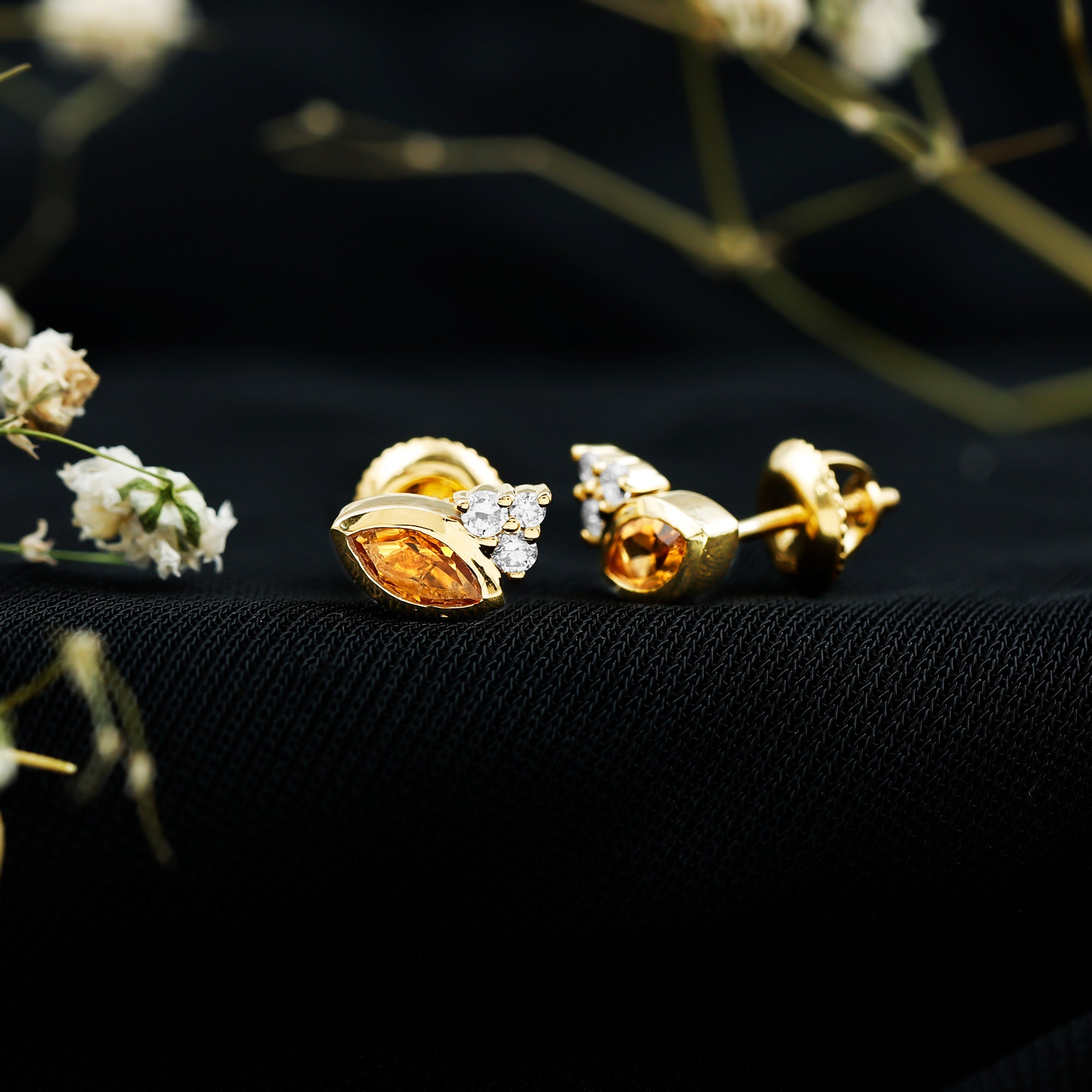 Bezel Set Citrine Marquise Stud Earrings with Diamonds AAA 14K Yellow Gold Plated Silver - Rosec Jewels