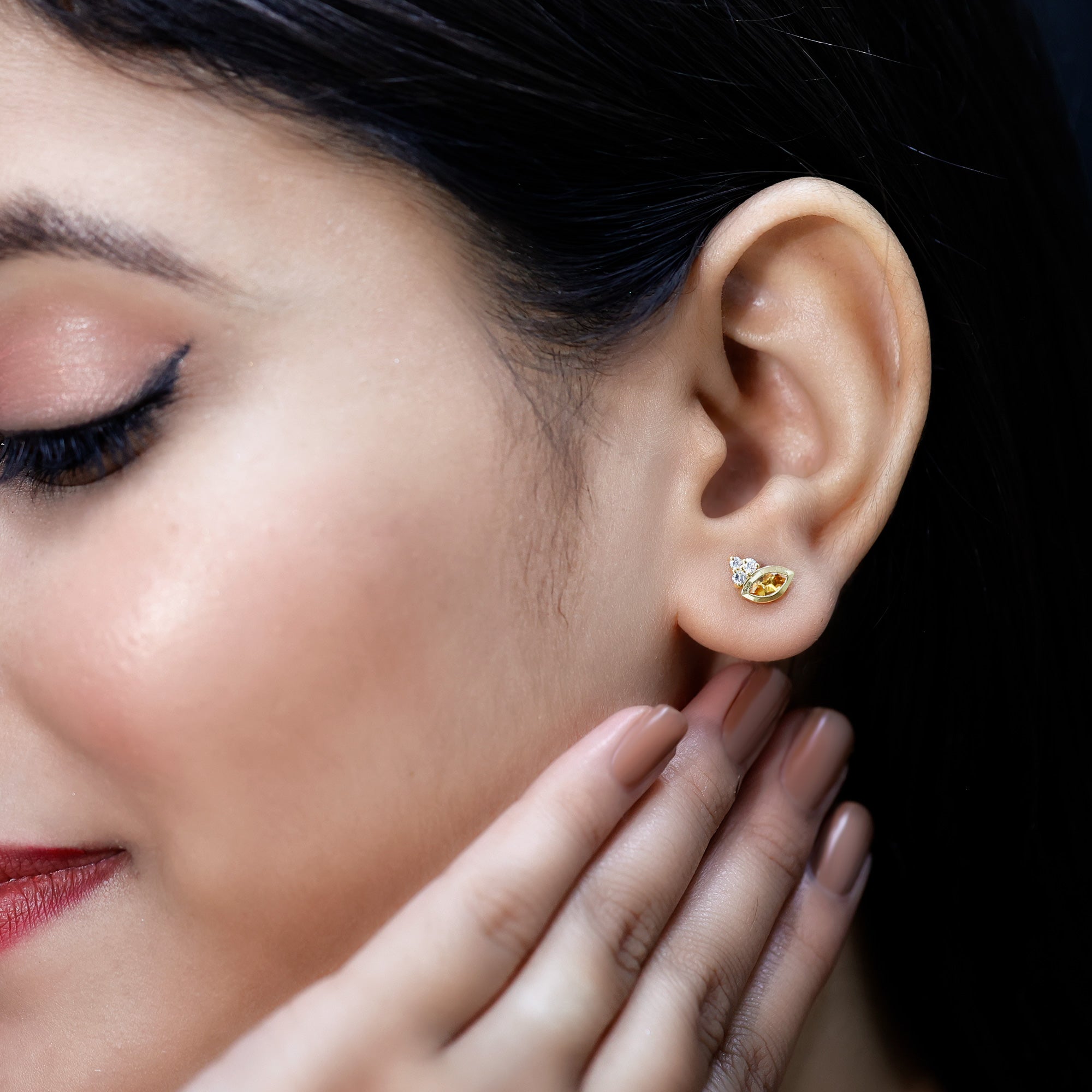 Bezel Set Citrine Marquise Stud Earrings with Diamonds AAA 14K Yellow Gold Plated Silver - Rosec Jewels
