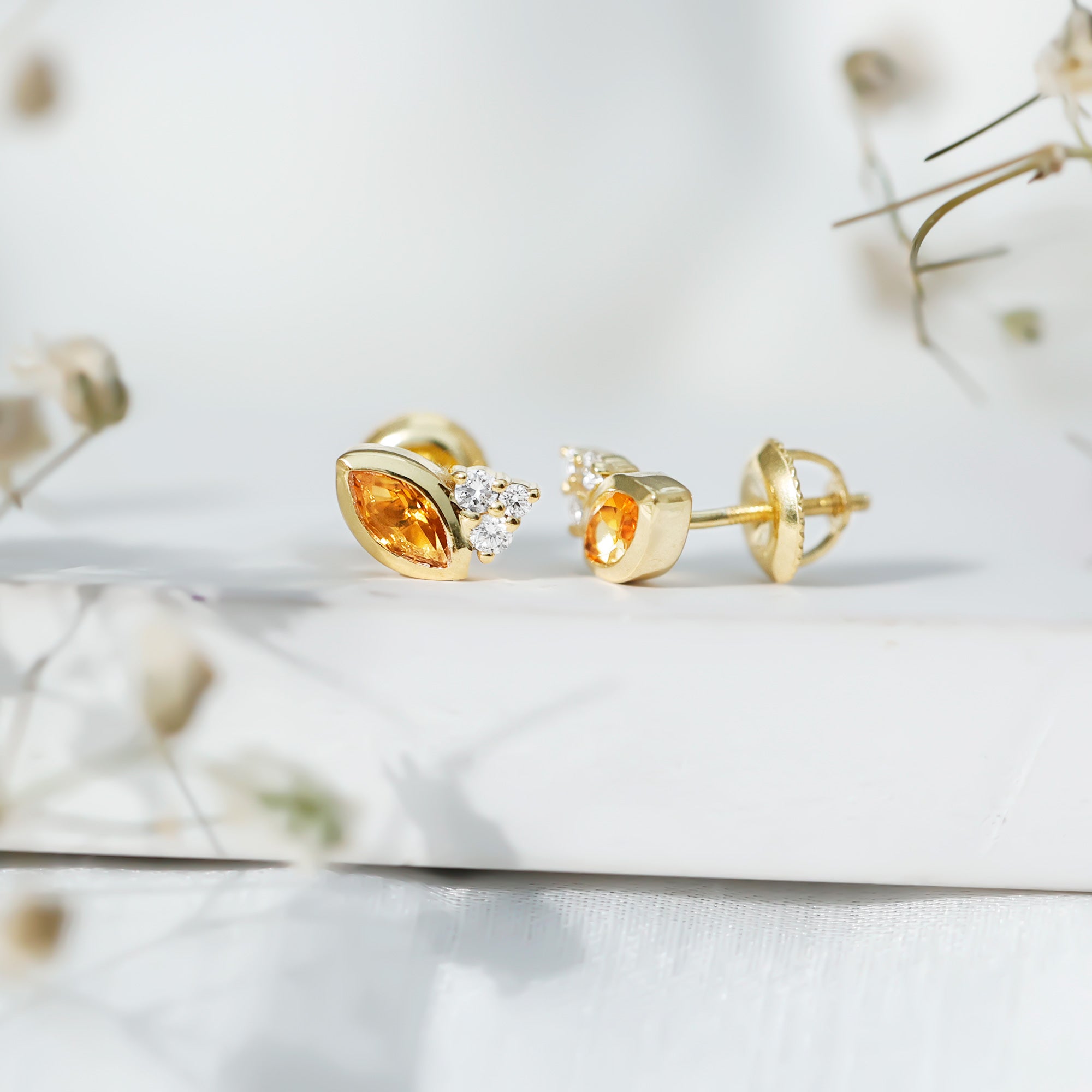 Bezel Set Citrine Marquise Stud Earrings with Diamonds AAA 14K Yellow Gold Plated Silver - Rosec Jewels