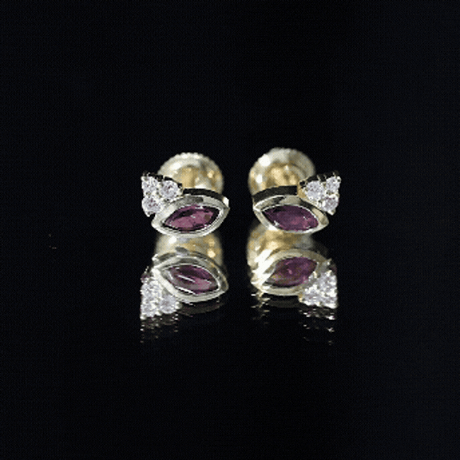 Bezel Set Rhodolite Garnet Stud Earrings with Diamonds AAA 14K Yellow Gold Plated Silver - Rosec Jewels