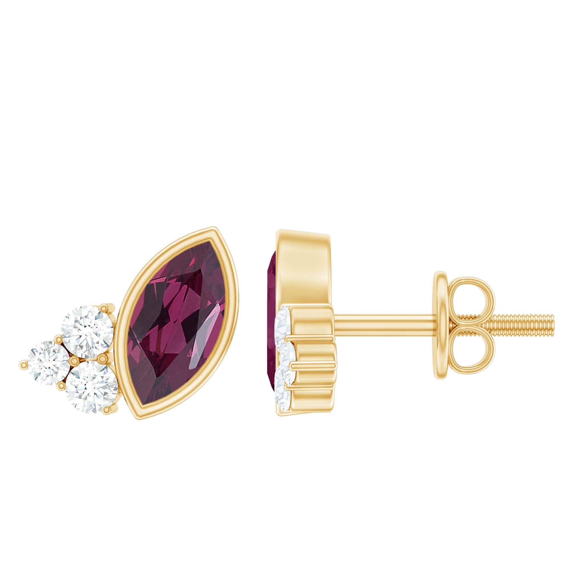 Bezel Set Rhodolite Garnet Stud Earrings with Diamonds AAA 14K Yellow Gold Plated Silver - Rosec Jewels