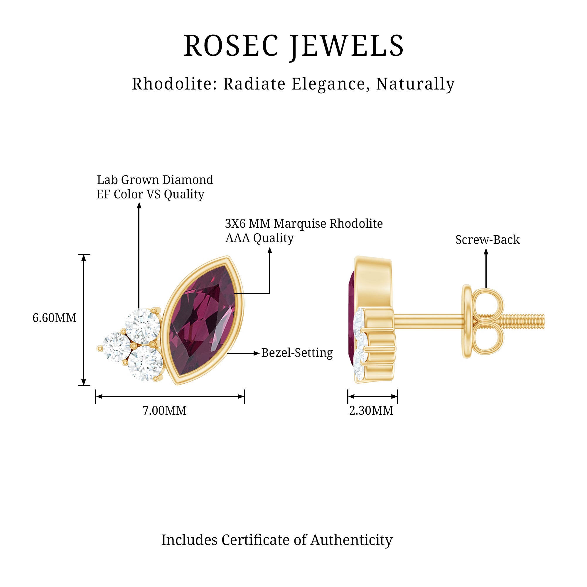 Bezel Set Rhodolite Garnet Stud Earrings with Diamonds AAA 14K Yellow Gold Plated Silver - Rosec Jewels